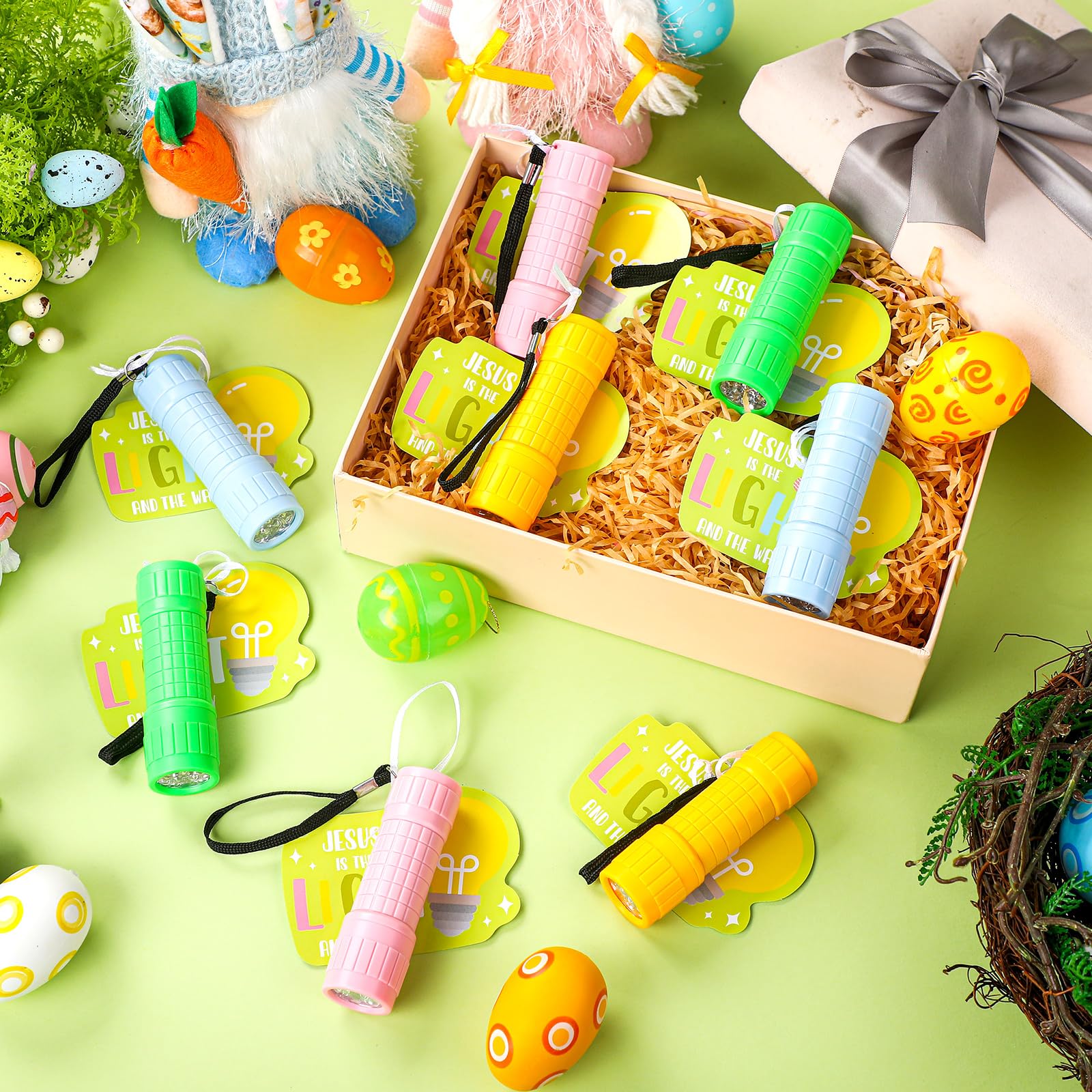 Glooglitter Set di 20 biglietti religiosi cristiani e 20 mini torce colorate per riempire cestini pasquali VBS vacanze, bibbia, scuola, eventi, riunioni in chiesa