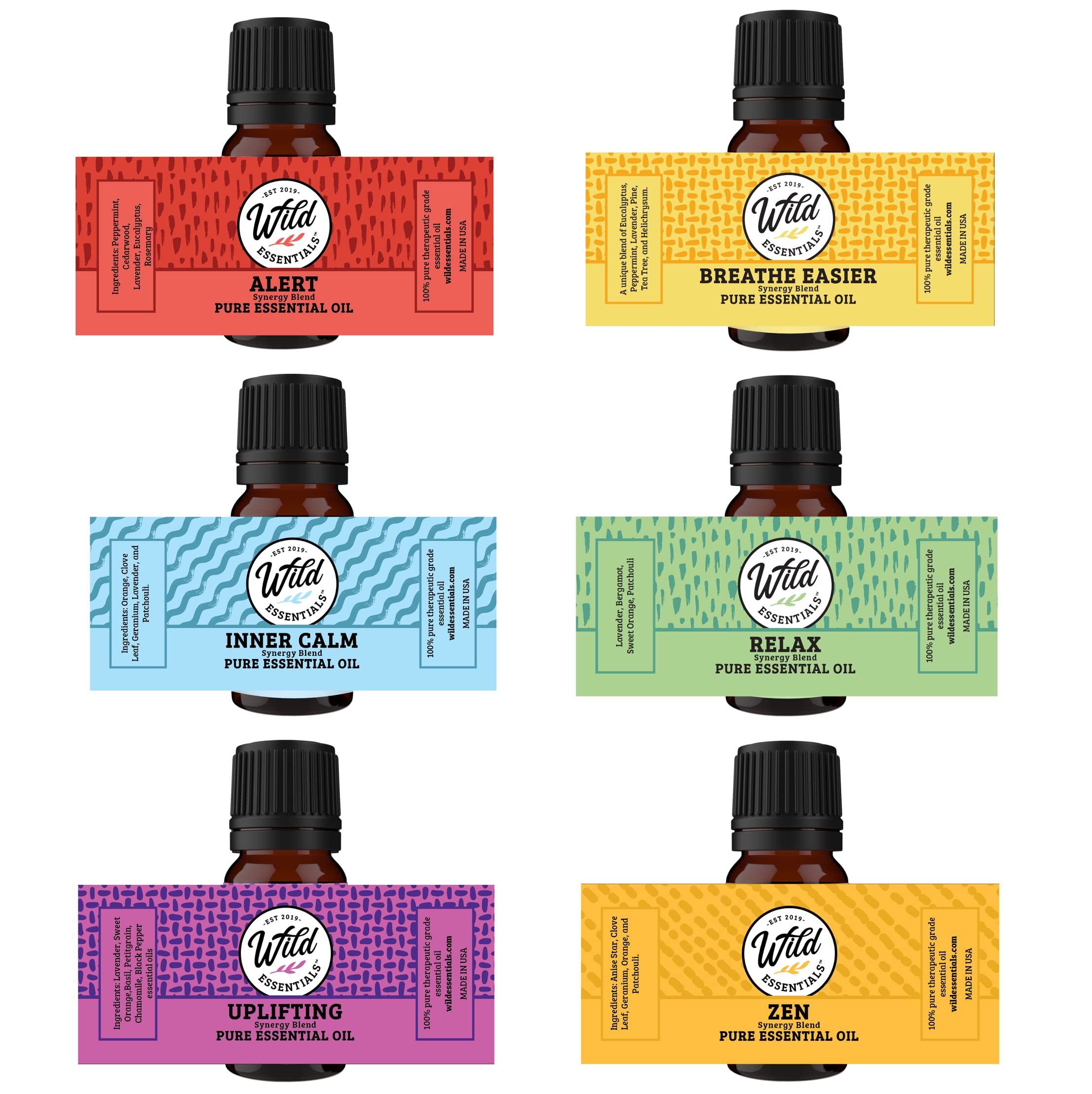 Amazon.com: Wild Essentials 6 Pack Synergy Blend Aromatherapy Essential Oil  Gift Set 100% Pure, Undiluted 10ml Bottles of Breathe Easy, Alert, Inner  Calm, Relax, Uplifting, Zen, Made in USA : Health & Household