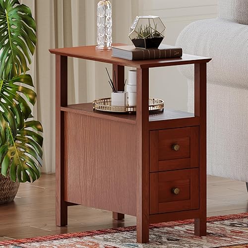 Miniatura 4 de ChooChoo Mesas auxiliares para sala de estar, juego de 2, mesita de noche estrecha de 3 niveles con 2 cajones, mesitas de noche delgadas para sala
