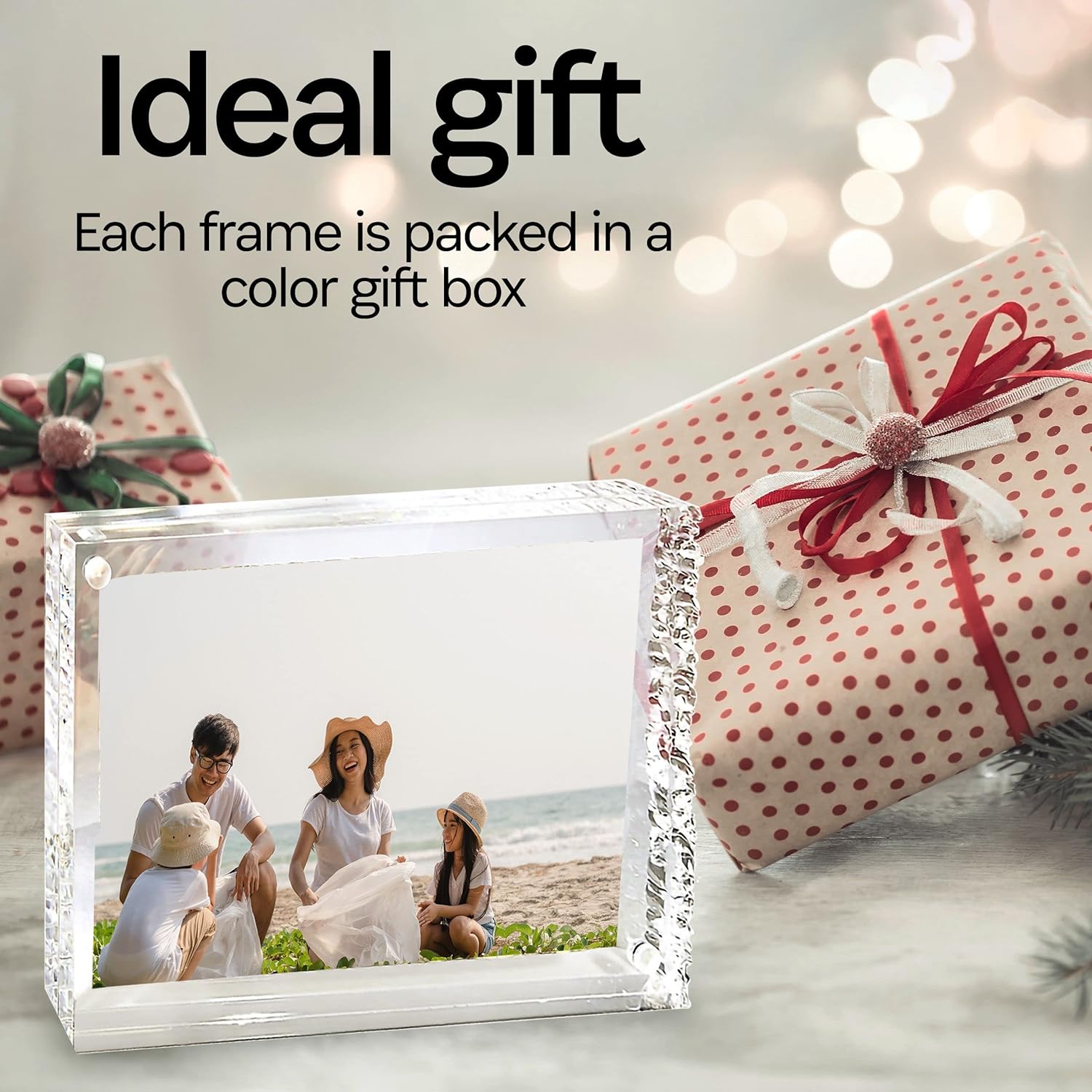 Canetti Crystal Magnet Frame - Double Sided Magnetic Picture Frame - Floating Photo - Unique Crystal Cut Design - Clear Acrylic Picture Display - for Desk, Tabletop or Shelf