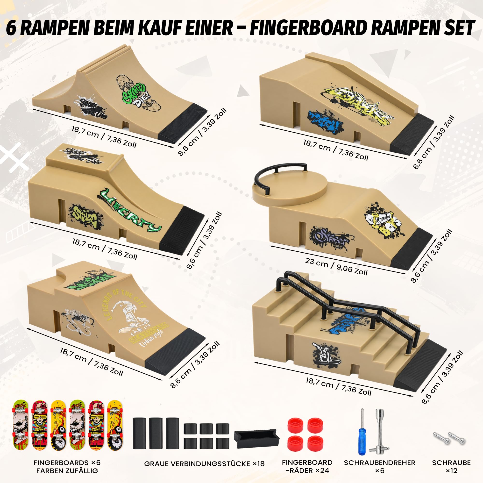 iPalamila Zestaw 6 w 1 deskorolka parkowa – z 6 rampami i 6 mini fingerboardami – idealna dla fanów fingerboardów, dzieci i początkujących, do ćwiczenia sztuczek i zabawy.
