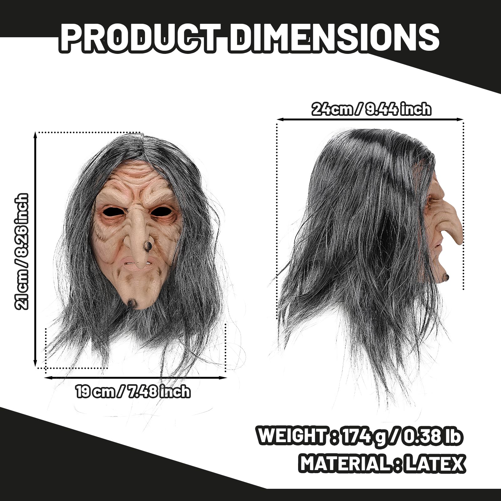 Makoike Old Witch Mask with Hair Realistic Latex Old Woman Witch Masks Carnival Halloween Costume Cosplay Scary Props - Image 2