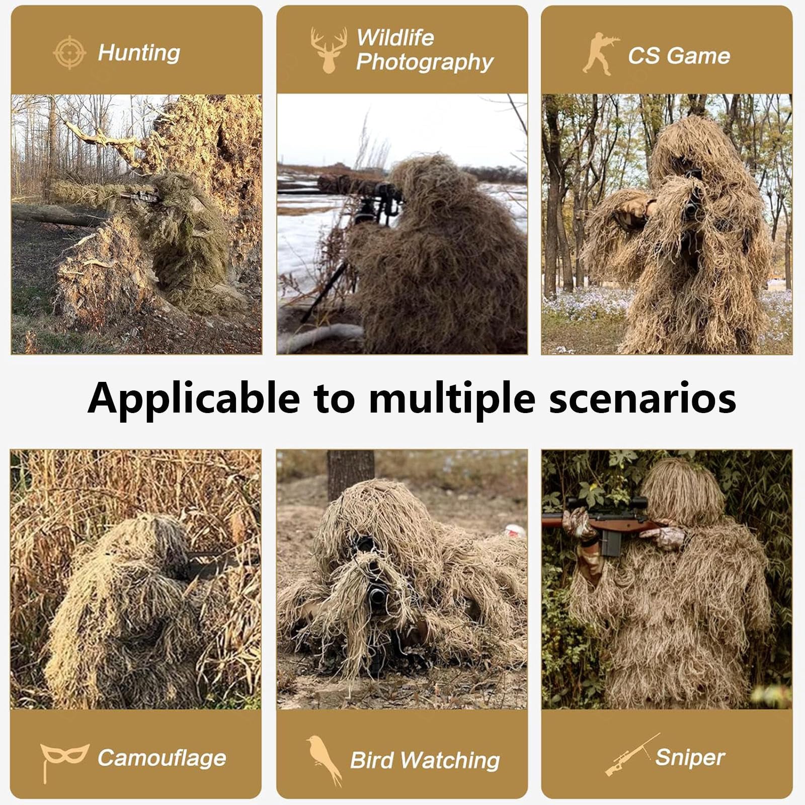 5-Teilige 3D Ghillie Suit Camouflage Jagdbekleidung Tarnanzug Herren Einschließlich Jacke,Hose,Kapuze,Tragetasche Jagdbekleidung Herren für Unisex Erwachsene/Jugendliche,DryGrass-Kids