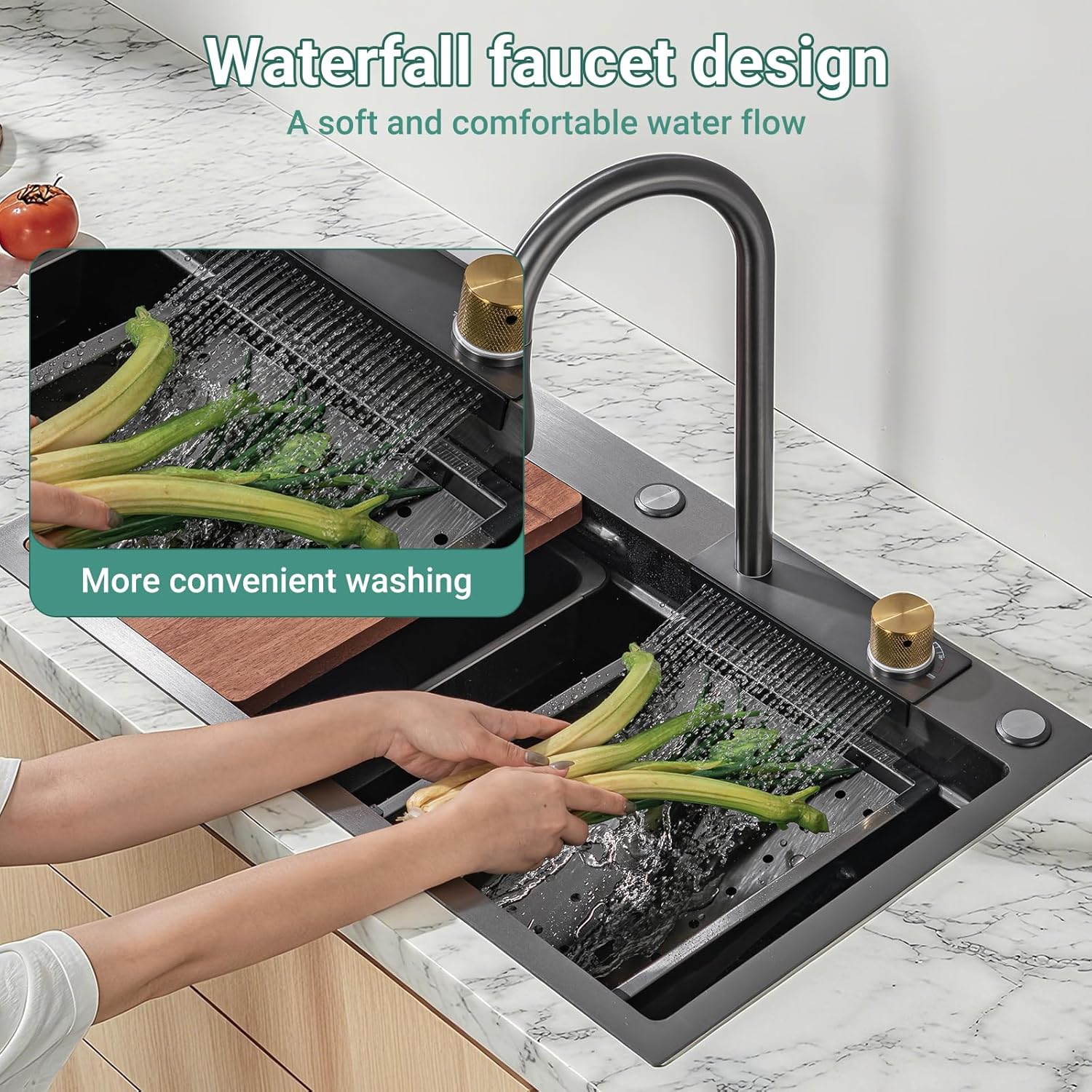 30Inch Kitchen Sink with Faucet Combo Waterfall Black Stainless Steel Waterfall Sink Kitchen Countertop Multi-Functional Sinks Farmhouse Undermount or Countertop Drop in