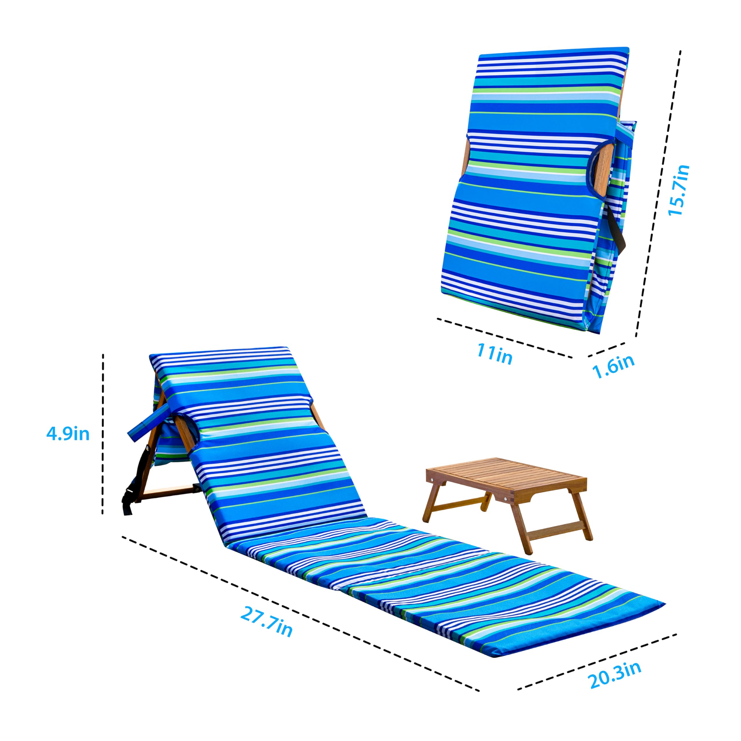 Melino Portable Beach Mat Lounge Chair and Wooden Table – Heavy Duty Folding Lounger Backpack for Adults, Outdoor, Pool, Lawn, Patio, and Tanning, Stripe Pattern