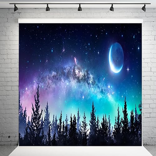 Miniatura 8 de AOFOTO Telón de fondo de bosque nocturno estrellado de 8 x 6 pies, hermoso universo, galaxia, estrellas y luna, naturaleza, cielo de verano,