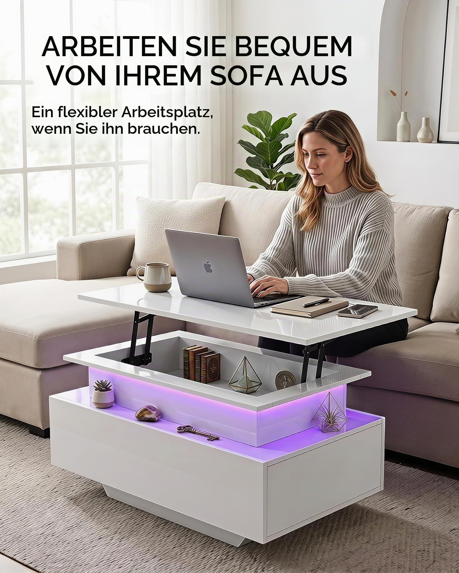 Couchtisch Höhenverstellbar Weiß Hochglanz, Couchtisch Aufklappbar mit Stauraum Modern, Wohnzimmertisch Höhenverstellbar mit Stauraum Klein, Beistelltisch Wohnzimmer, Tisch Wohnzimmer