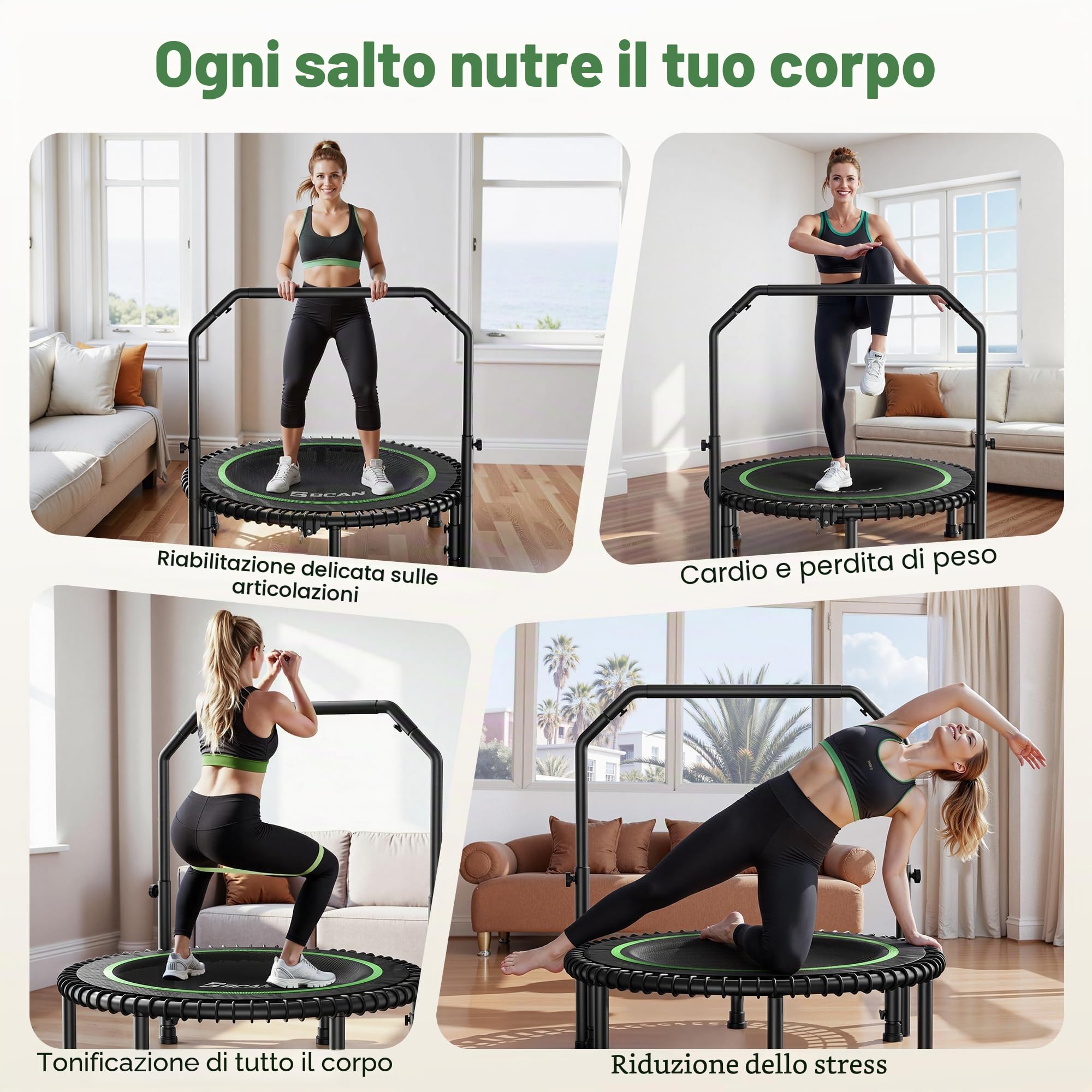 Trampolino elastico BCAN 102/122 cm per adulti, capacità di carico 204/250 kg, elastici, maniglia regolabile, stabile, silenzioso, per interni/esterni, allenamento completo del corpo, relax a casa