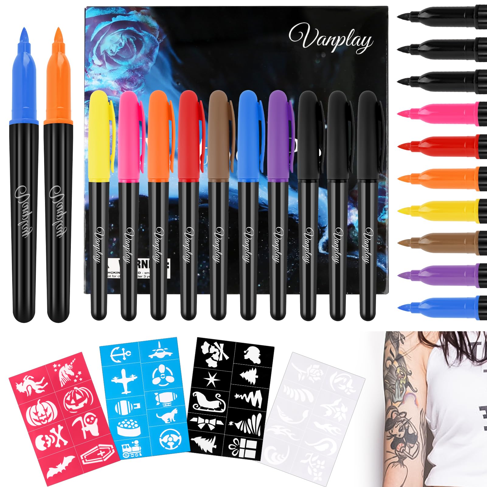 Tatuajes Temporales con 10 Tatuajes Temporales Rotuladores y 4 Stencil Tattoo para Niños, Adultos, Carnaval, Cumpleaños, Fiesta de Navidad Tatuajes Temporales Adultos