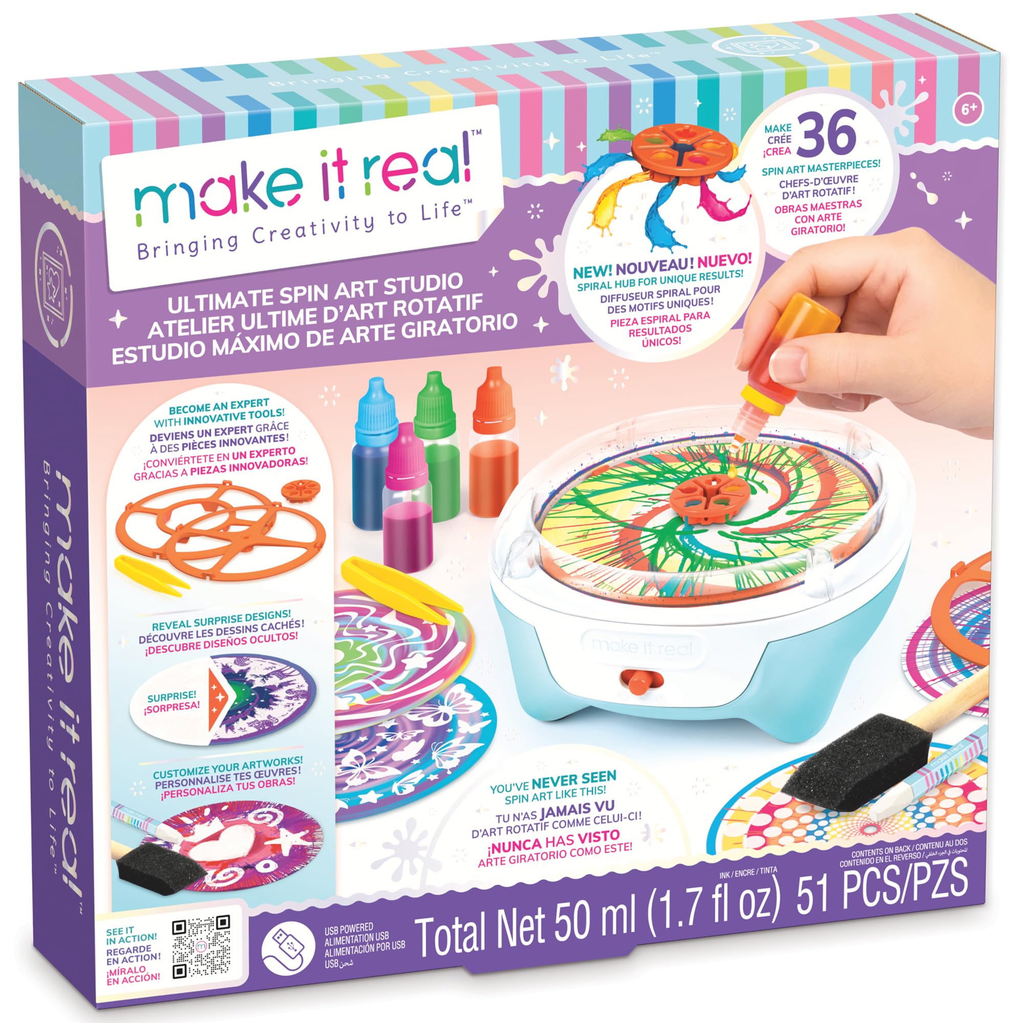 Make It Real Creative Studio by Spin Art - Creative Kit with USB Electric Spin Art Machine, 36 Rotating Artworks, Creative Painting for Kids and Girls, Artistic Hobby from 6 Years