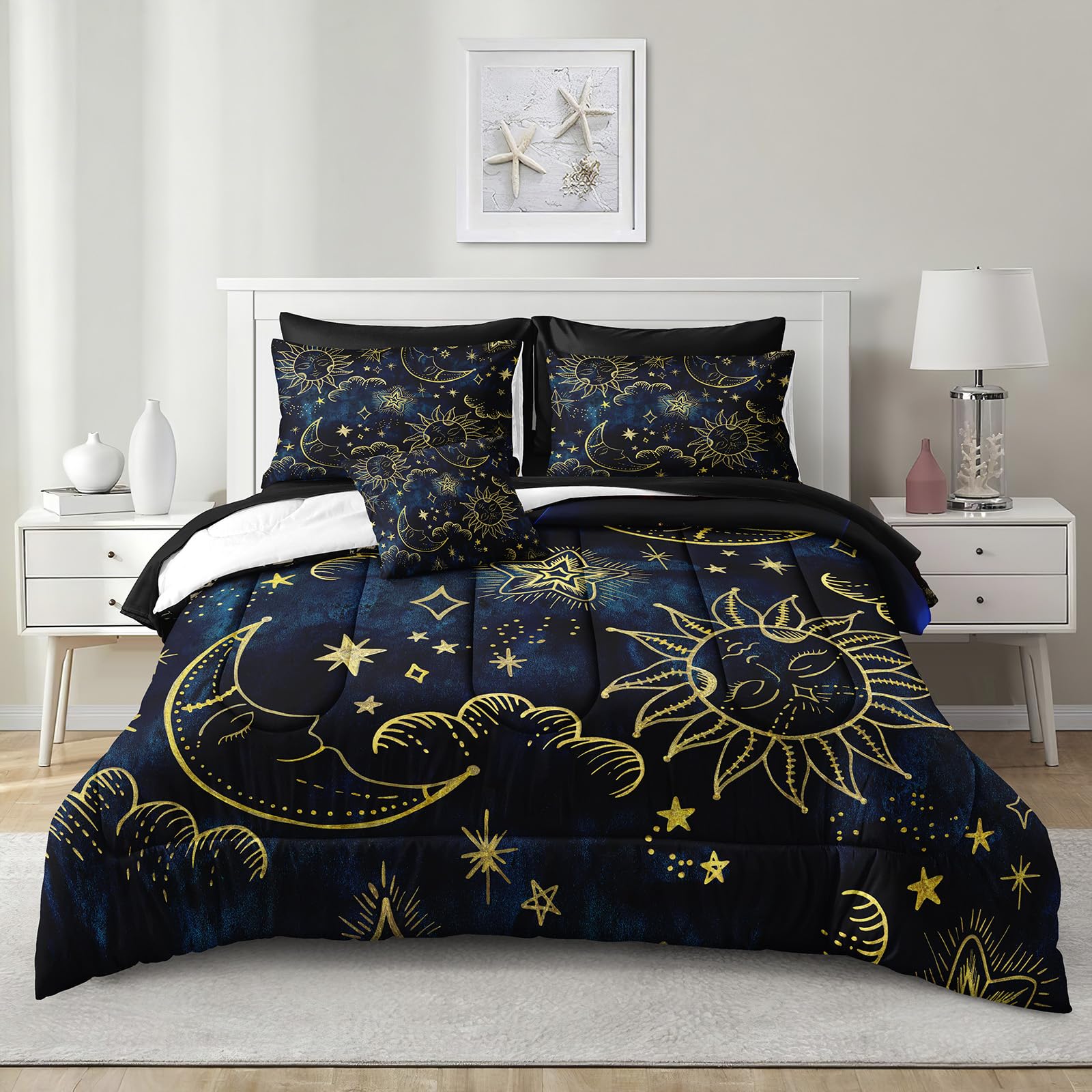 Merryword8 Pieces Universe Bed in a Bag Sun and Moon Comforter Set King Size Galaxy Bedding Blue Gold Moon Star Pattern Bohemian Gothic Comforter Set for Boys Girls Women