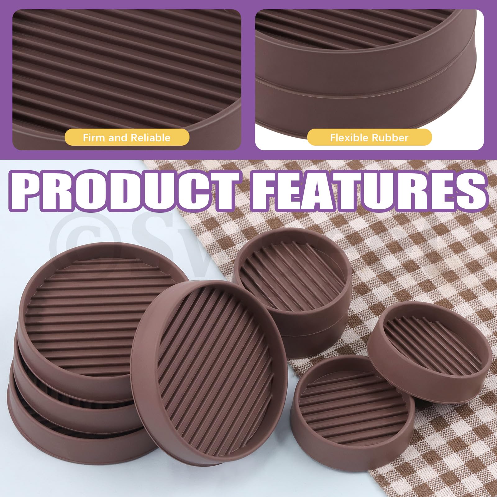 Swpeet 4Pcs 2" x 2" Round Brown Rubber Anti Skid Caster Cups Non Slip Furniture Pads Kit, Anti-Slip Gripper - Image 4