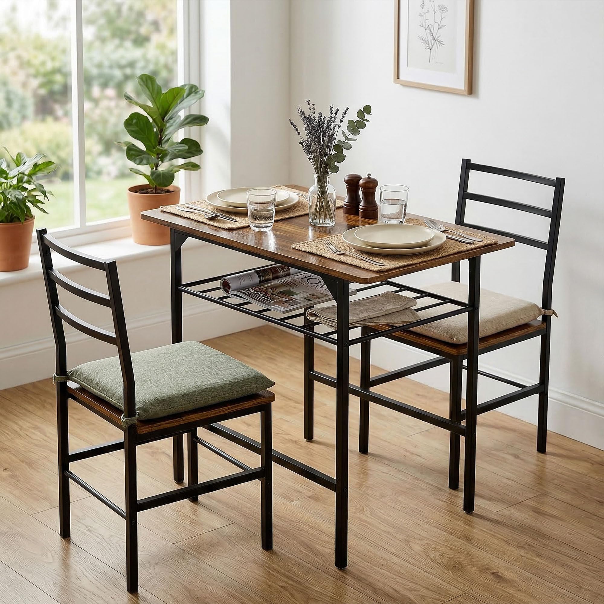 HOMCOM Ensemble Table Salle à Manger avec 2 chaises, Table de Cuisine pour 2 Personnes, étagère de Stockage, Cadre métallique, Style Industriel, idéal pour Espace réduit, Brun Rustique