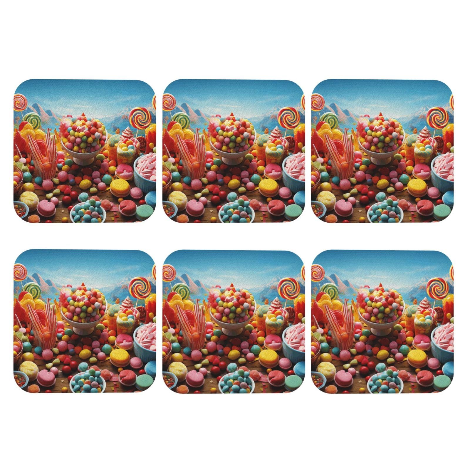 6Pcs PU Leather Coaster for Drinks, Candy Poster Cup Coastersr 4" Cup Mat Pad, Aesthetic Drink Coasters for Coffee Table, Square Coaster for Tabletop Protection