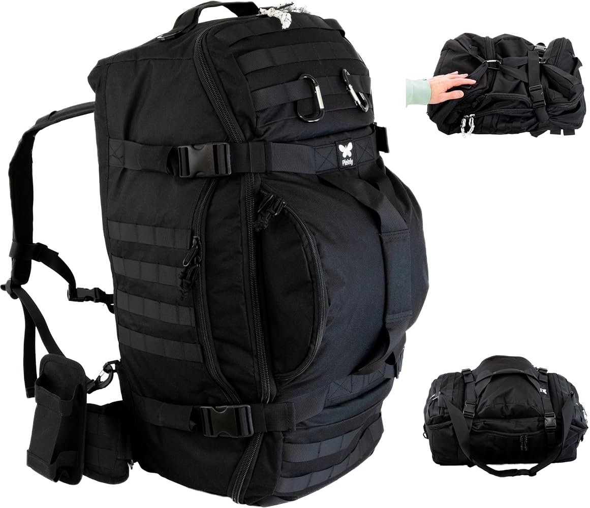 airplane travel with hiking backpack PLEINLY 70L & Duffle Bag & Cabin Bag (3 func in 1 bag). Full-fledged Backpack which transforms easily to Travel Duffel Bag. Many Accessories and Unique Features Color:Gold Vein Perch 8