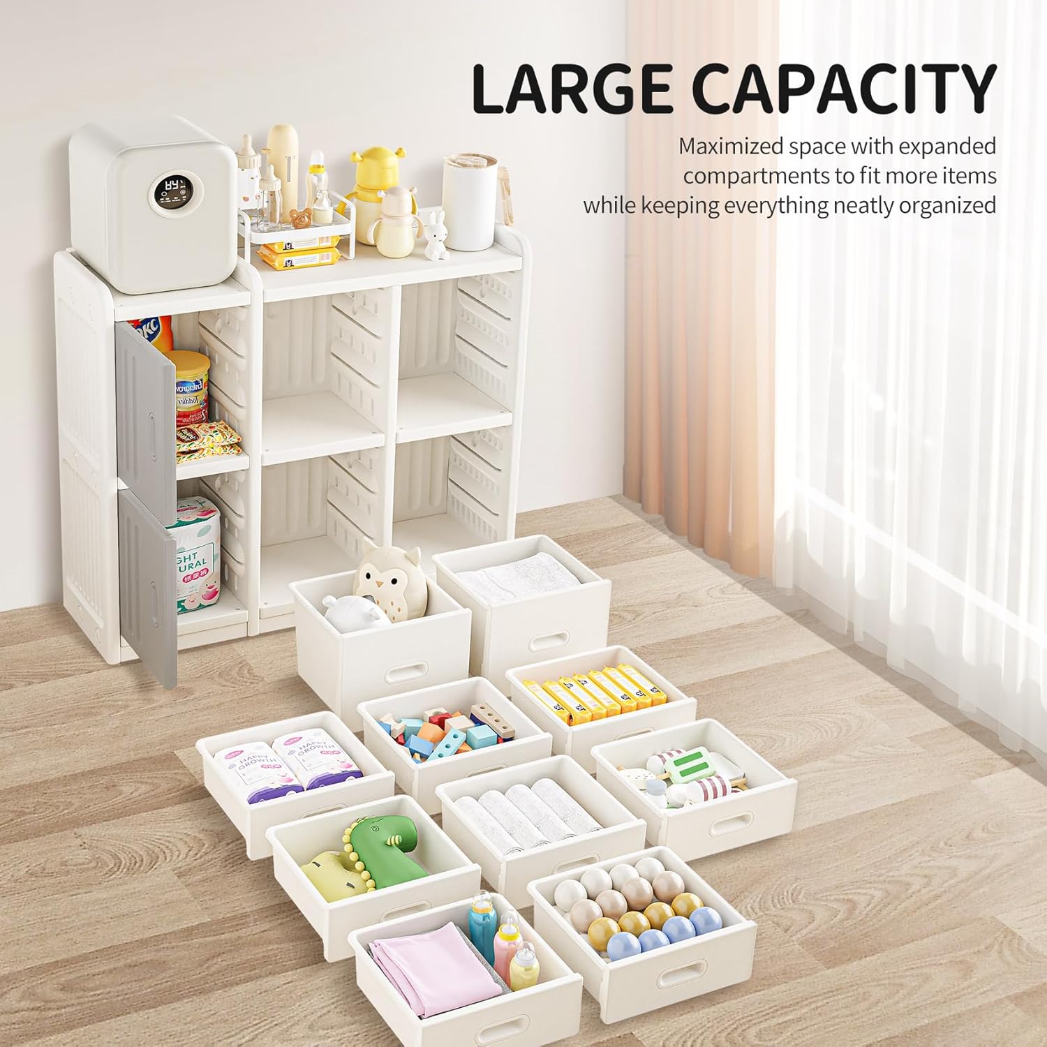 UNICOO Kids Toy Storage Organizer with Drawers and Side Cabinets, Compact Nursery Storage Cabinet with Multiple Compartments and Top Shelf for Toys, Books, Diapers and Baby Essentials