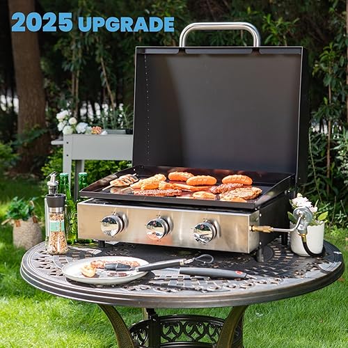 Miniatura 9 de GREEN PARTY Plancha de mesa de 22 pulgadas con placa de hierro fundido recubierta de cerámica, plancha plana de 3 quemadores, parrilla portátil de