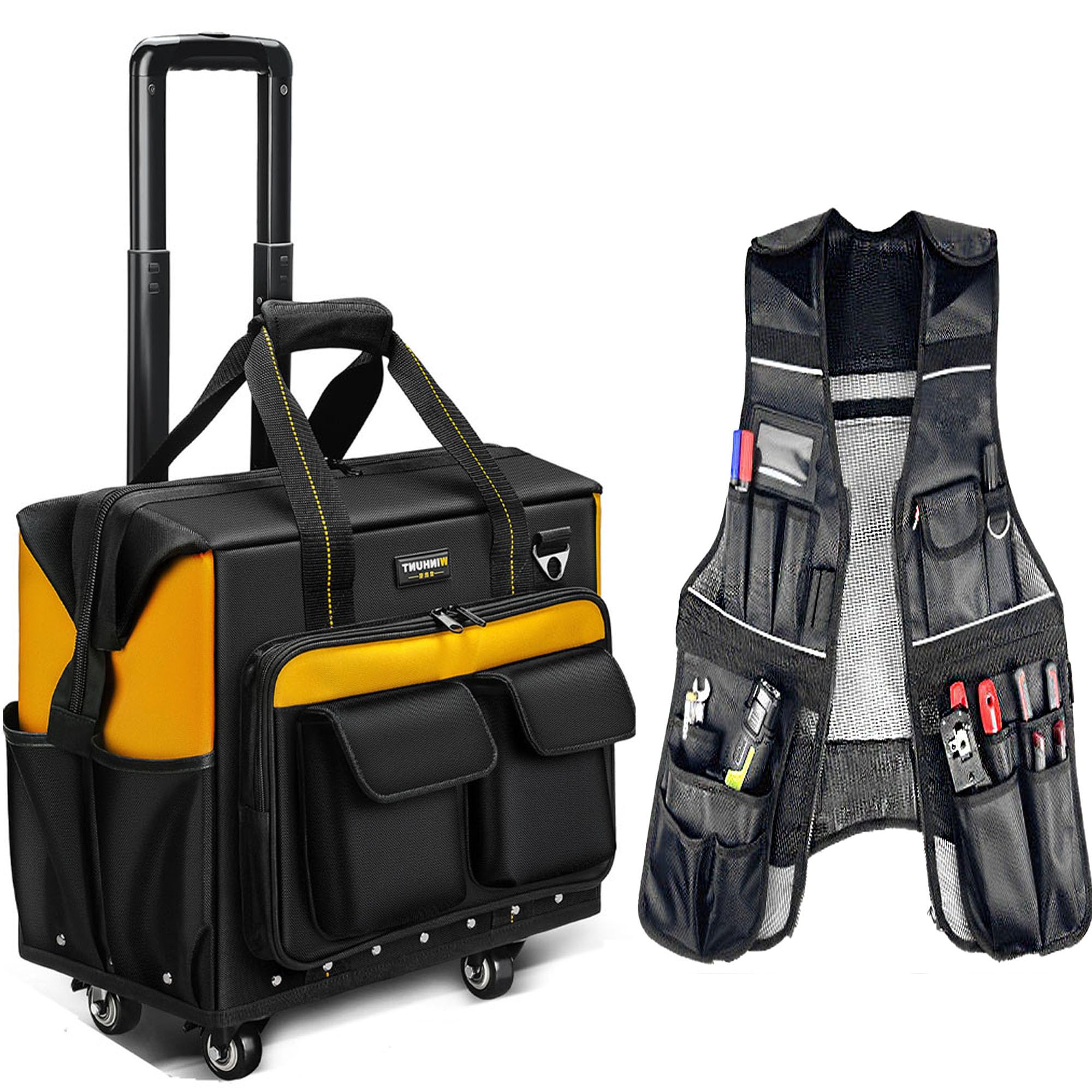 Rolling Tool Bag with Four Wheels Tool Vest for Men with Pockets