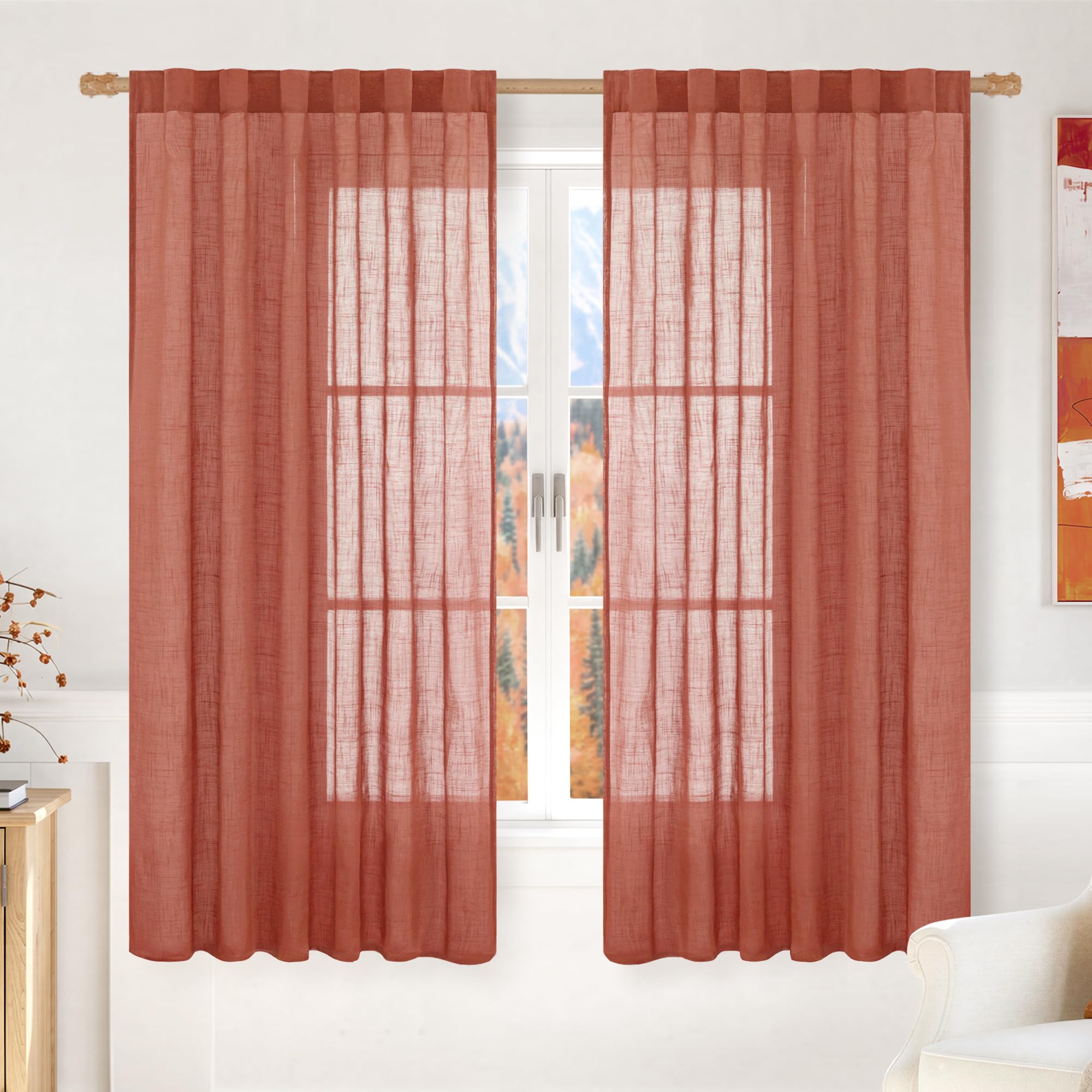LAMIT Natural Linen Semi Sheer Curtains 84 Inches Long 2 Panels, Living Room Linen Textured Light Filtering Drapes Back Tab and Rod Pocket Neutral Window Panels for Bedroom/Sliding Door, 52 x 84 Inch — view 67