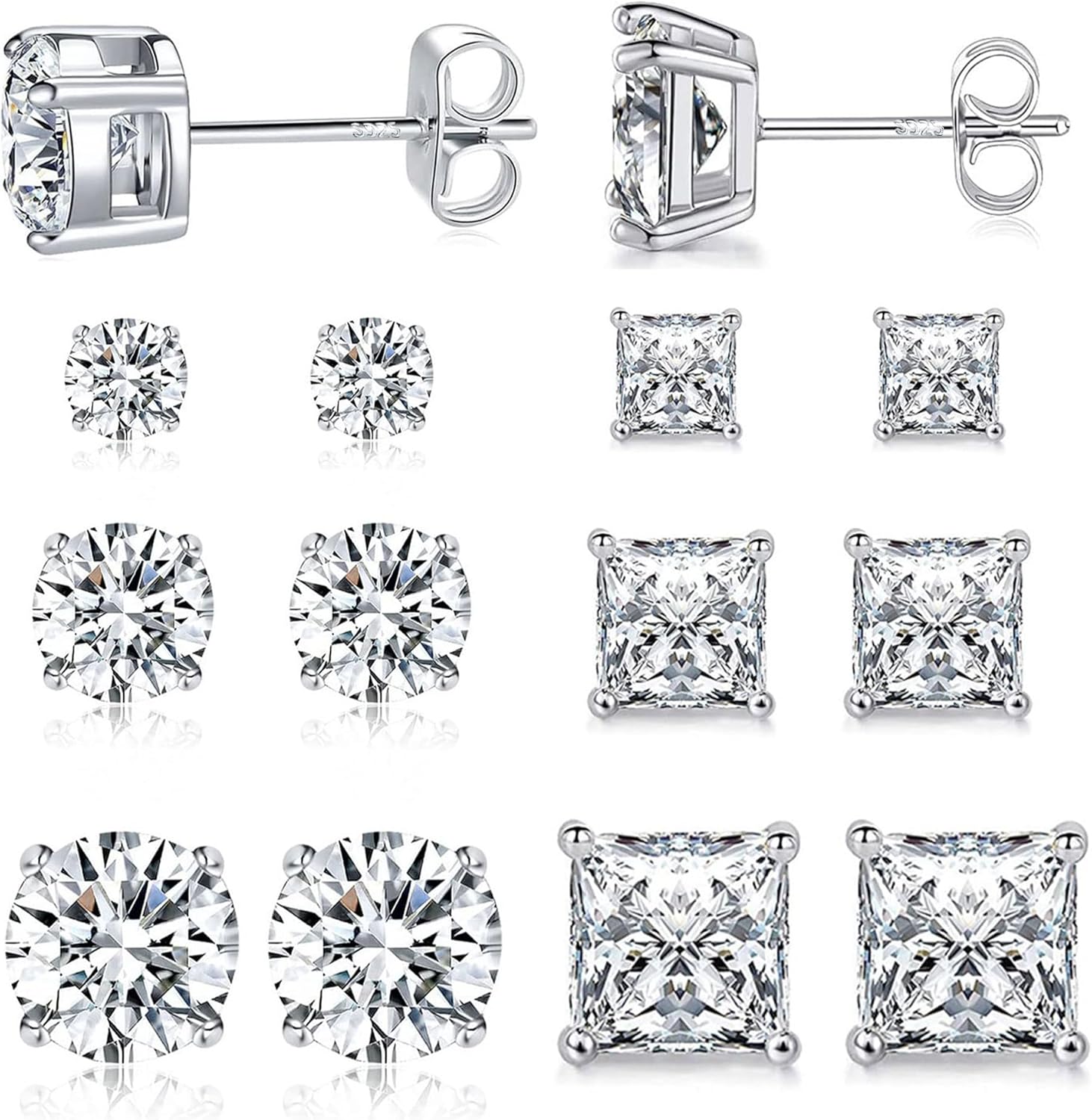MDFUN 6 Pairs Stud Earrings Set 3mm/5mm/7mm Princess & Round Cubic Zirconia Earrings Hypoallergenic 316L Surgical Stainless Steel CZ Earrings for Women Men