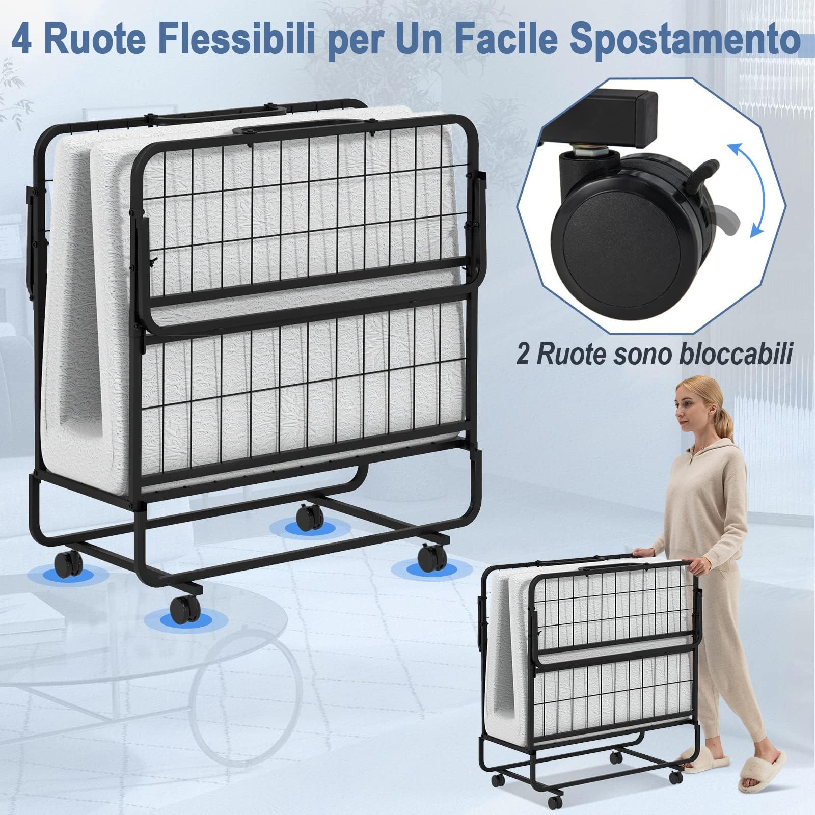 COSTWAY Brandina Pieghevole con Materasso Memory Foam | Letto Pieghevole con Struttura Robusta in Metallo e 4 Ruote, Portatile per Casa Ufficio, Capacità di Carico 180 kg