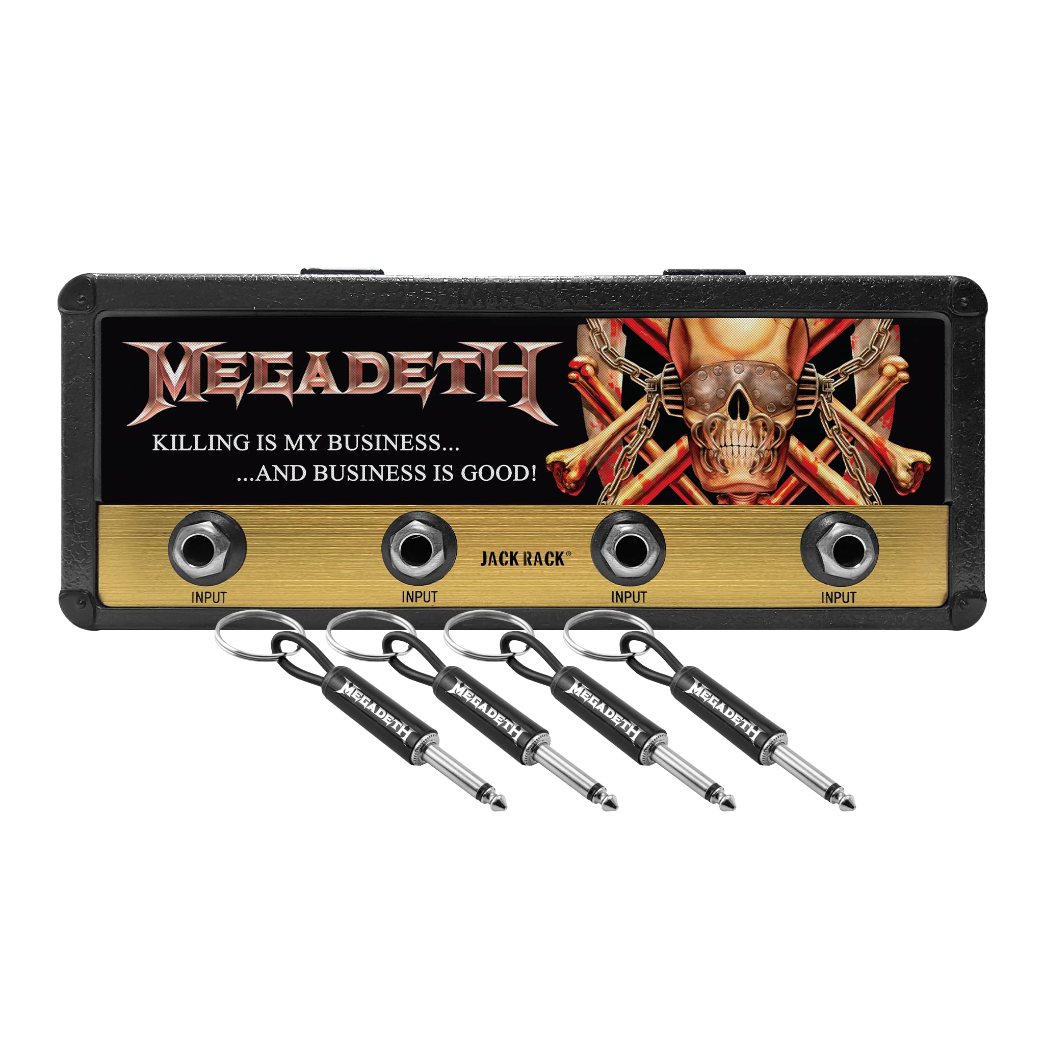 P Pluginz Jack Rack Wall mounting Key Hanger. Includes 4 Guitar Plug Keychains and Wall mounting Hardware. (Megadeth)