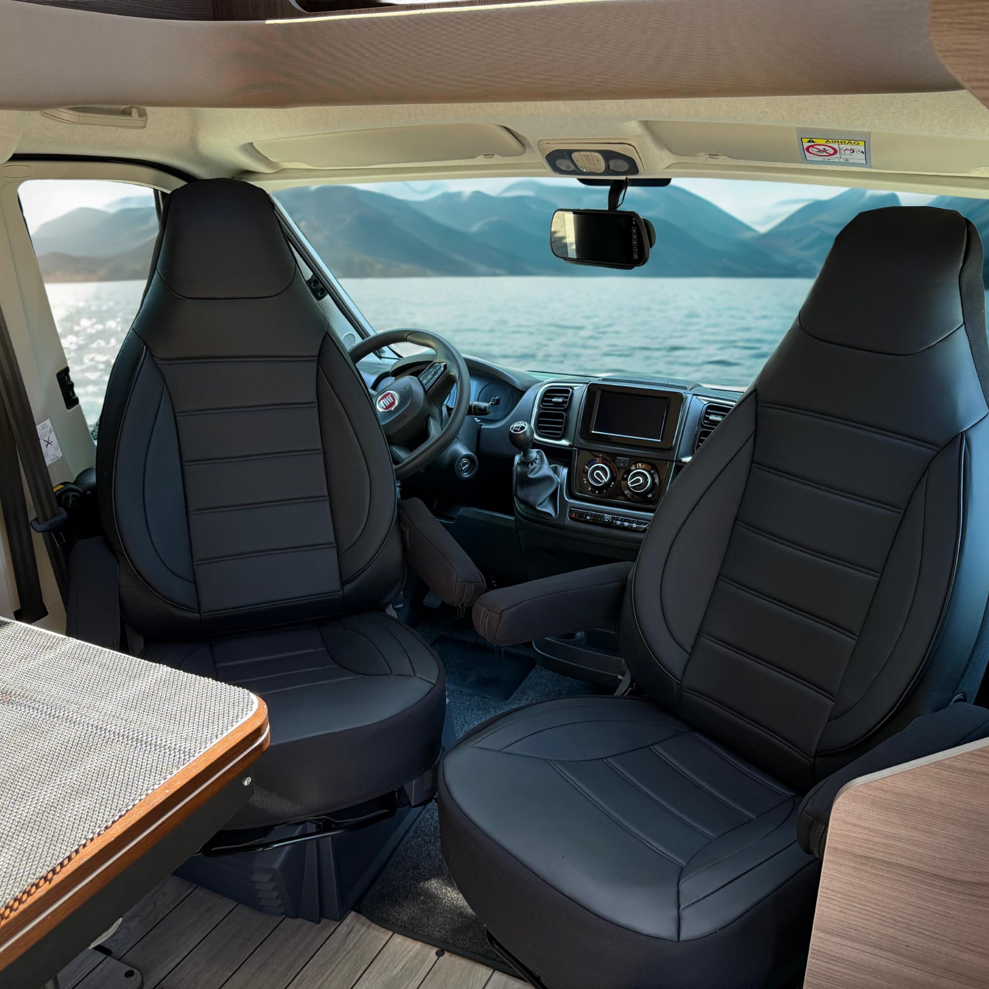 Coprisedili compatibili con Fiat Ducato roulotte/camper / camper / camper su misura, set di 2 parti – conducente 1 + passeggero 1 sedile | con braccioli | CBS103 | nero | ecopelle