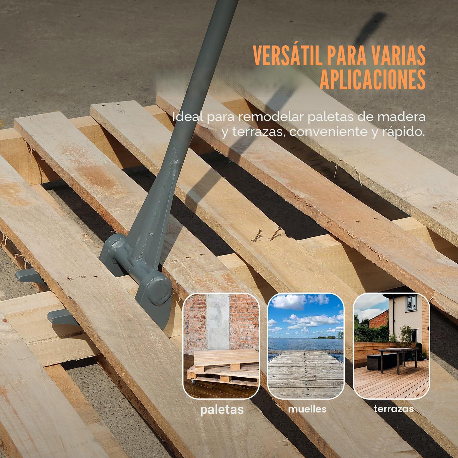 VEVOR Barra de Palanca de Acero al carbono Q235 Extractor de Palés 137,2 cm Capacidad de Carga 907 kg Herramienta de Desmontaje de Madera Mango de 127cm con Guantes para Desmontar Tablas de Extracción