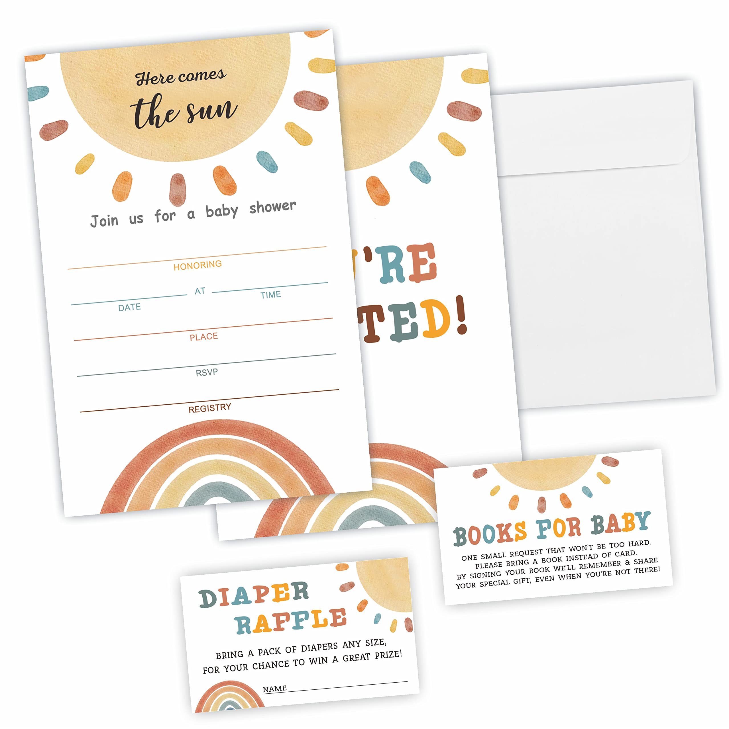 YKYENR Sun & Rainbow Watercolor Baby Shower Invitation Kit,Diaper Raffle Games- Set Of 25 Invitations With Envelopes, Diaper Raffle Tickets, Book