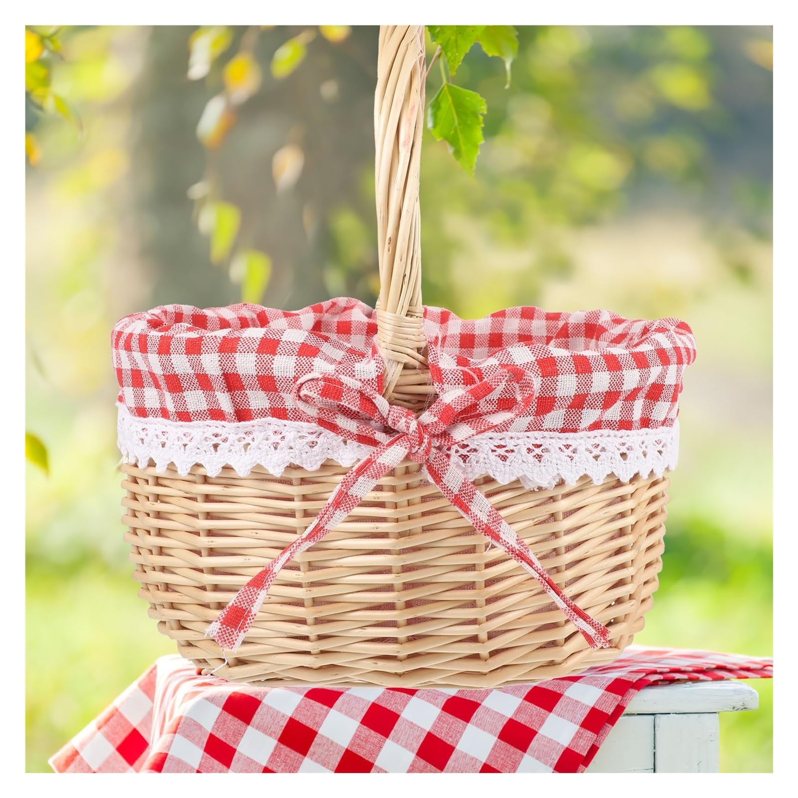 Cestino Picnic Cesto di Cappuccetto Rosso Borsa da picnic intrecciata a mano regalo portaoggetti in vimini interno in lino(Red)