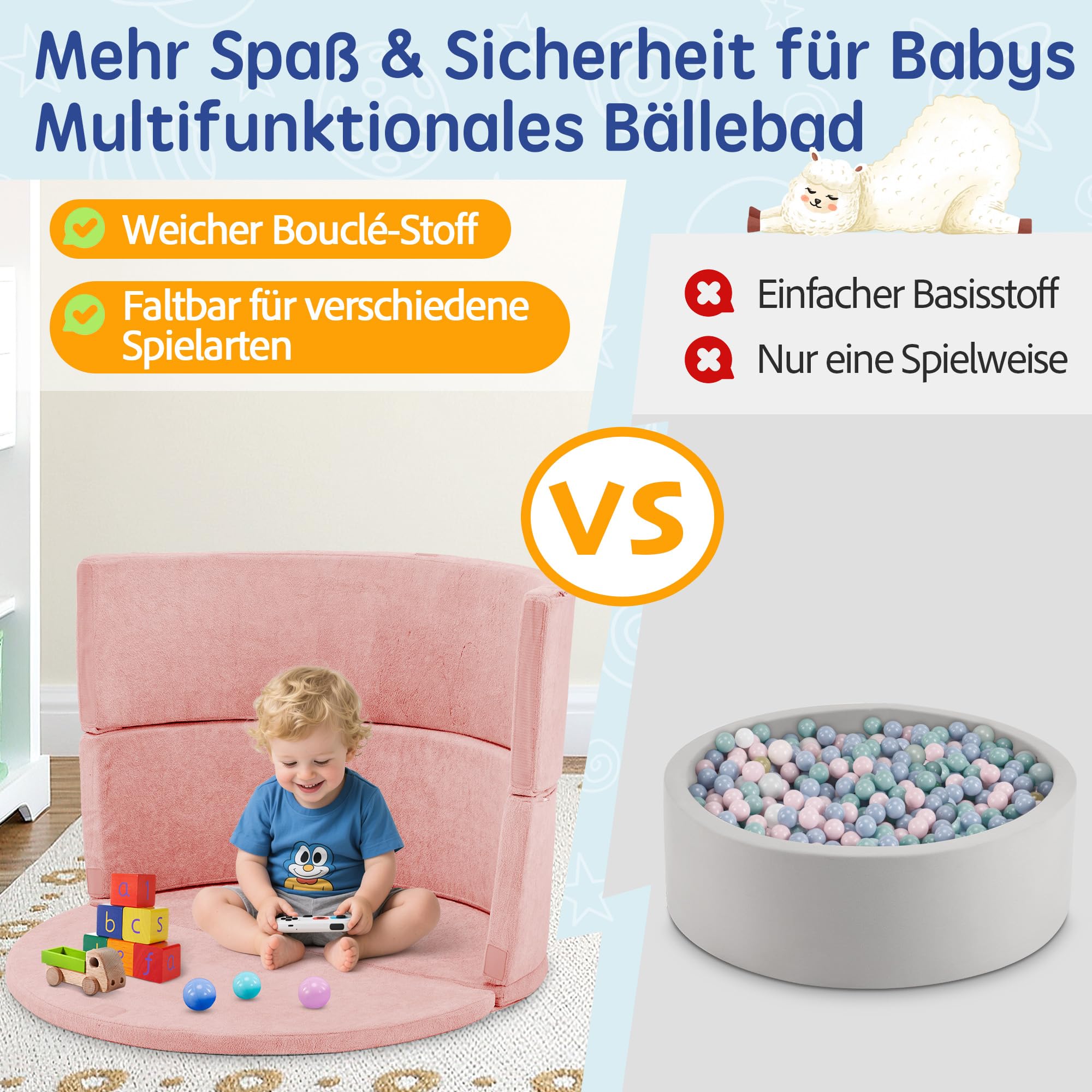 Bällebad ohne Bälle für Baby ab 1 Jahr, 7-in-1 Multifunktionales Schaumstoff Bällepool Ballgruben Kinder, Rosa