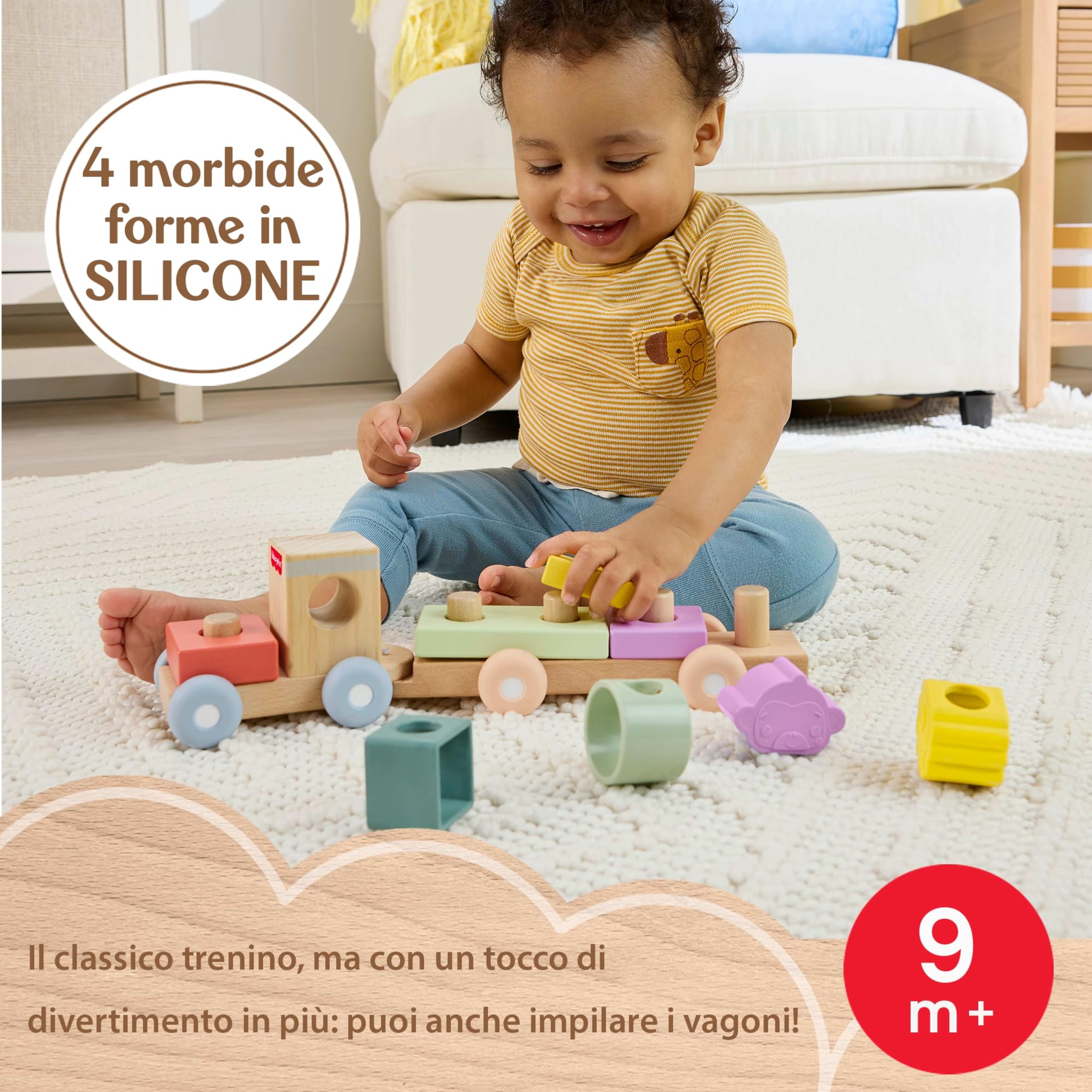 Fisher-Price - Trenino Impilabile, Set a Spinta per attività motorie con 9 Pezzi in Legno e Silicone, Include Un Trenino con Ruote mobili, 4 Blocchi e 4 Forme, 9+ Mesi, JKH08