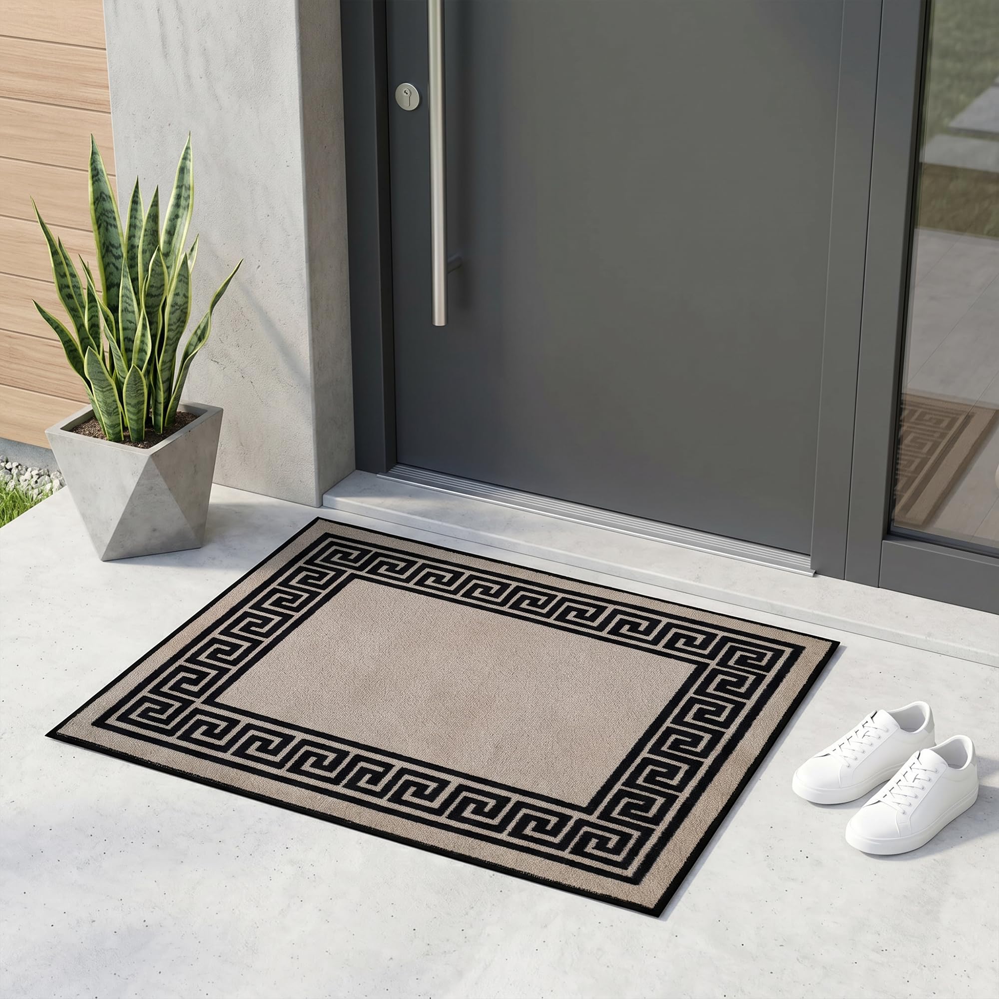 Fit Even Greeky Door Mat – Non-Slip Washable Doormat, Heavy Duty Welcome Dirt Trapper, Water Absorbent Floor Mat for Indoor/Outdoor Use, Front Entrance, and Kitchen (Beige & Black, 40x60 cm)