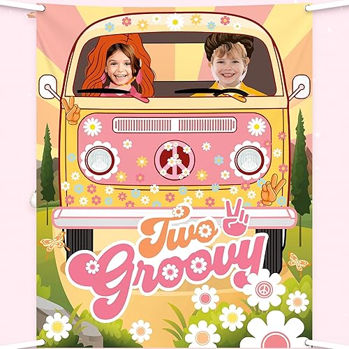 Miniatura 1 de KatchOn, Decoraciones de utilería de autobús hippie  47 x 63 pulgadas  Dos decoraciones de fiesta geniales, dos banderas geniales, telón de fondo