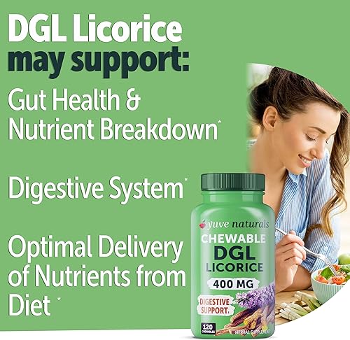 Miniatura 2 de Yuve Comprimidos masticables veganos de regaliz DGL de 400 mg  Apoya el estómago, el intestino y el alivio intestinal  Fórmula de reflujo ácido