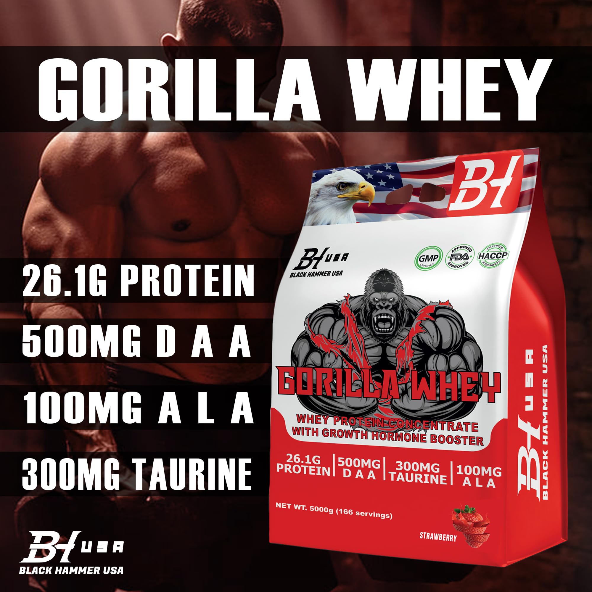 GORILLA Whey Protein 5KG + Free EAAs – Black Hammer USA Protein Powder for Muscle Growth & Recovery (5000g, Erdbeere)