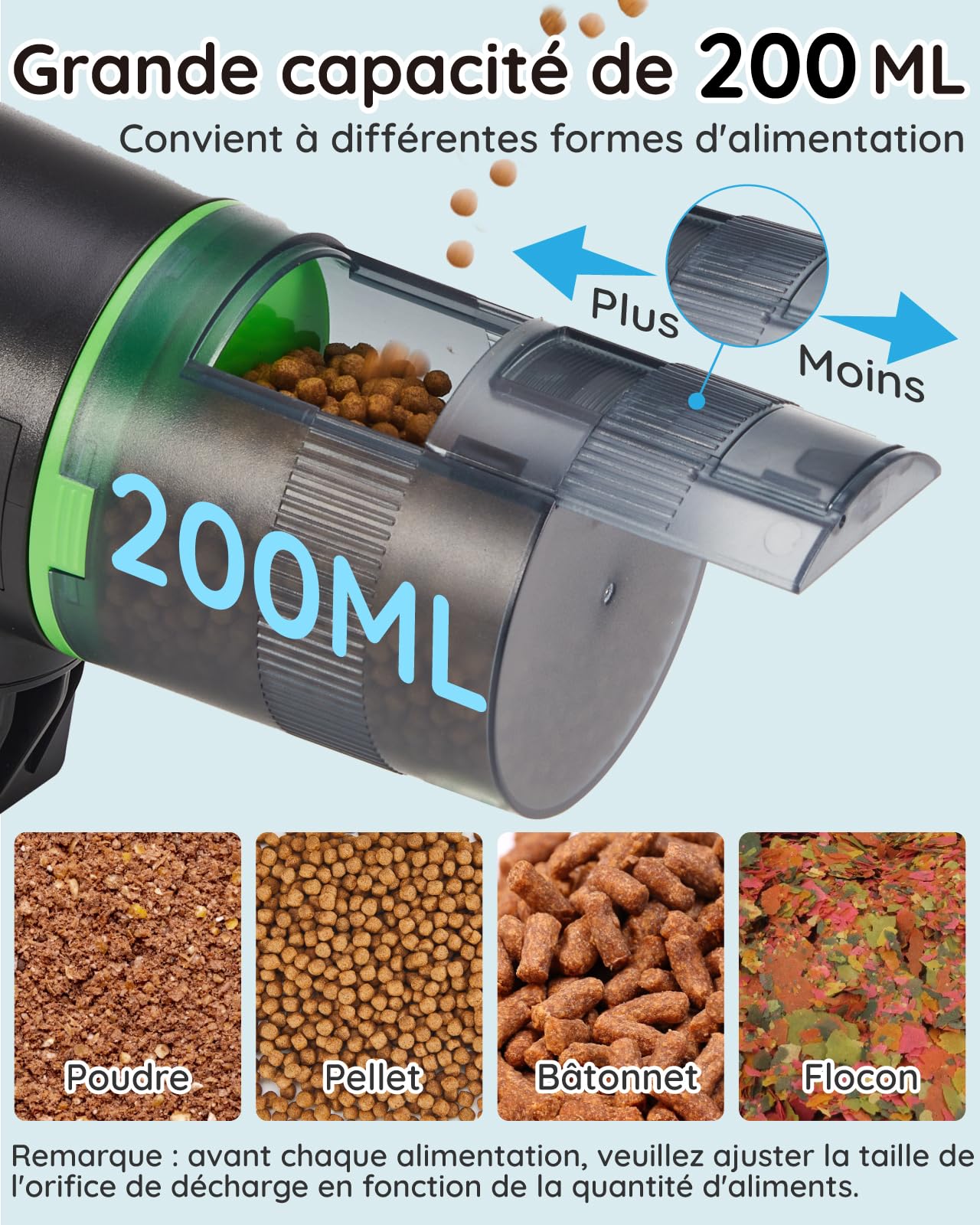 Papettly Distributeur automatique de nourriture pour poissons d'aquarium fonctionnant avec piles - 200 ml - 2 piles AAA incluses