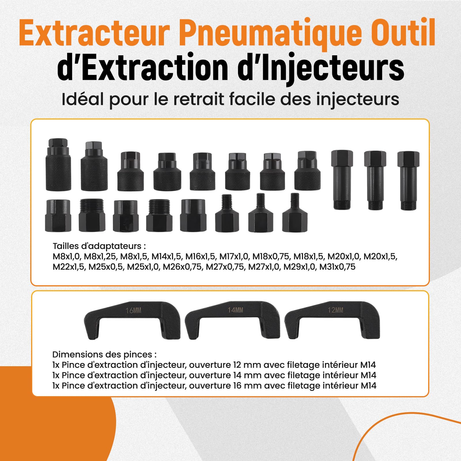 maXpeedingrods Extracteur d'injecteur diesel, 19 adaptateurs M8-M31 x 1,0 | extracteur pneumatique à air comprimé, extracteur d'injecteurs, M8 M14 M16 M17 M22 M25 M26 M31 x 1,25 1,5 1,0 0,75