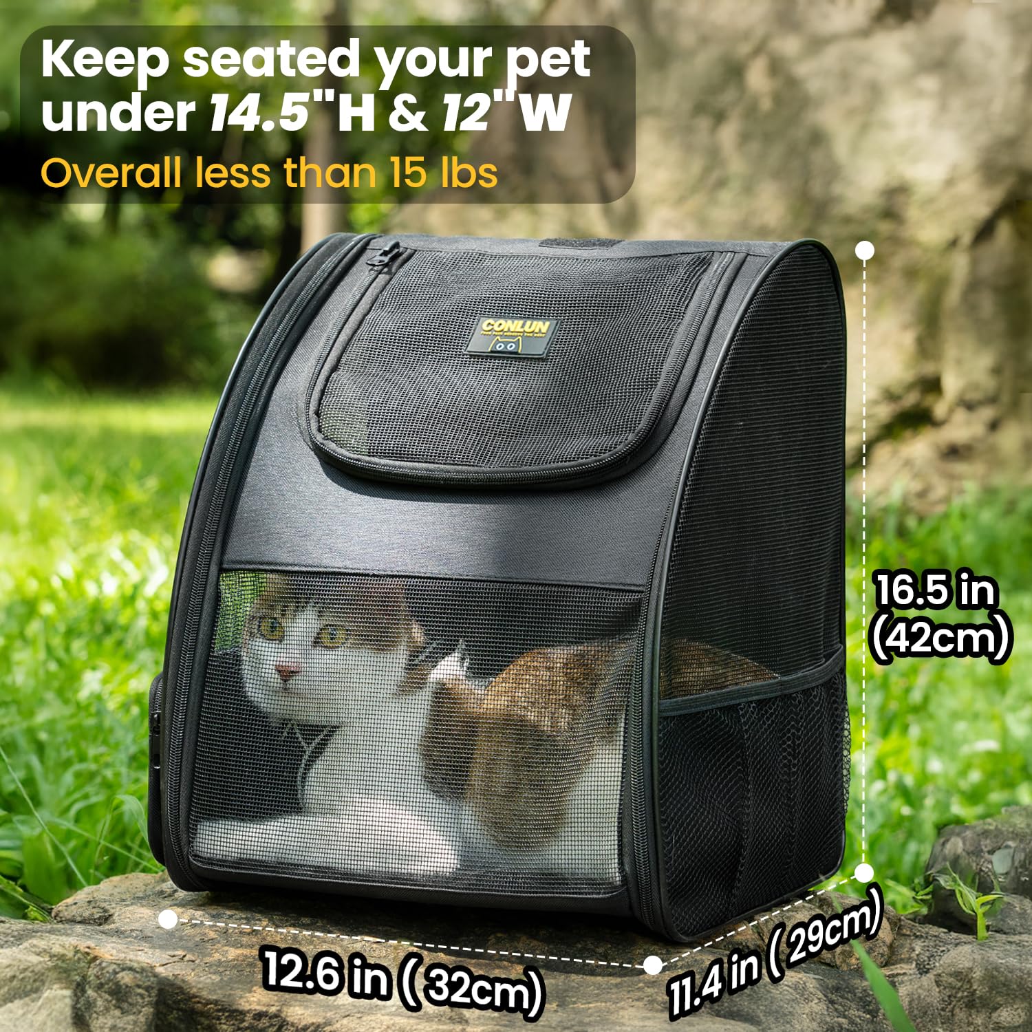 Conlun Sac à Dos Transport Chat et Sac à Dos Chien pour Petits Chiens et Chats jusqu'à 7kg, Sac à Dos pour Chien Pliable avec Fenêtres en Maille sur 3 côtés pour Voyages et randonnées,Noir