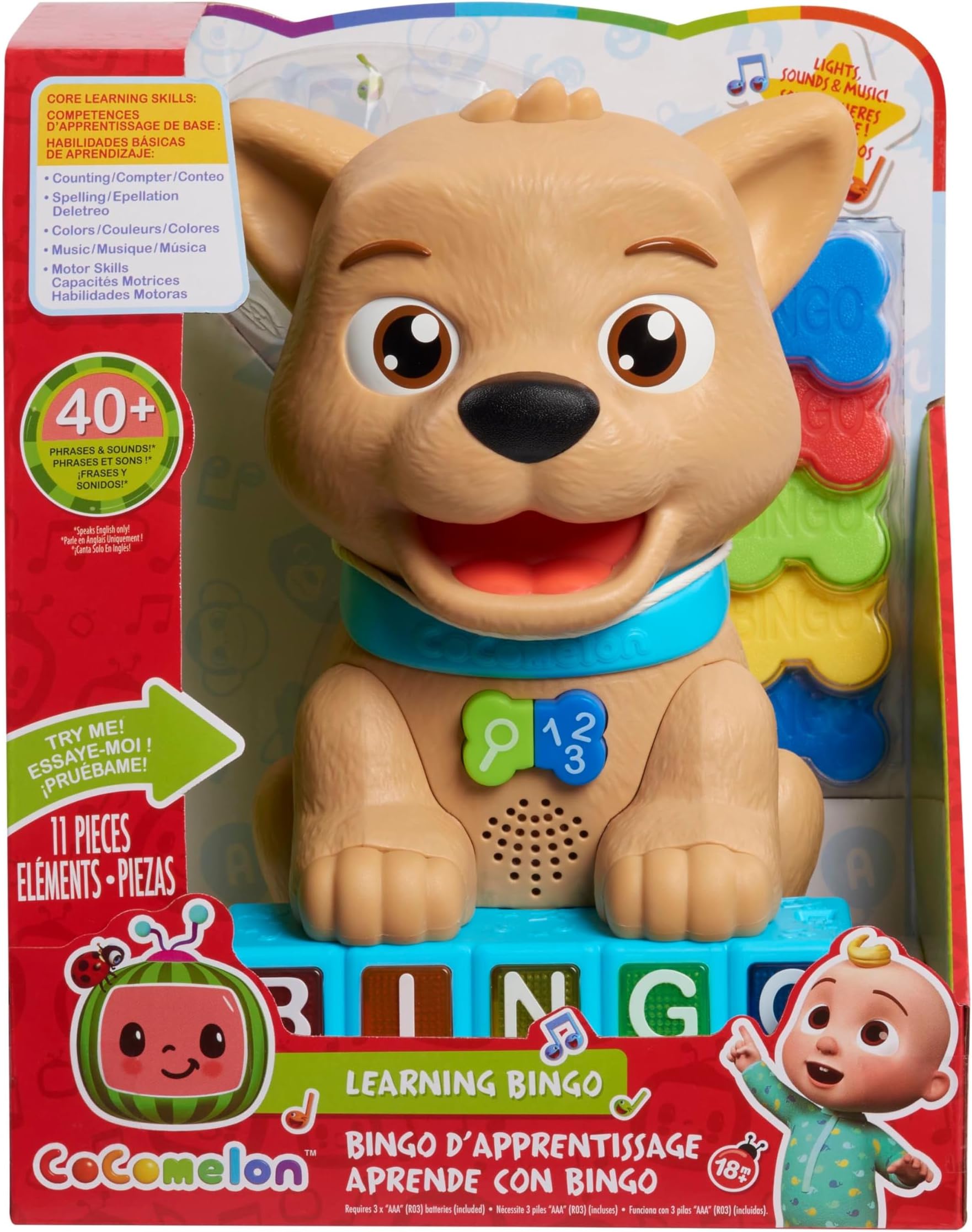 Cocomelon Count & Learn Bingo, 11-pieces, 40+ Learning Phrases, Early Learning and Education, Kids Toys for Ages 18 Month