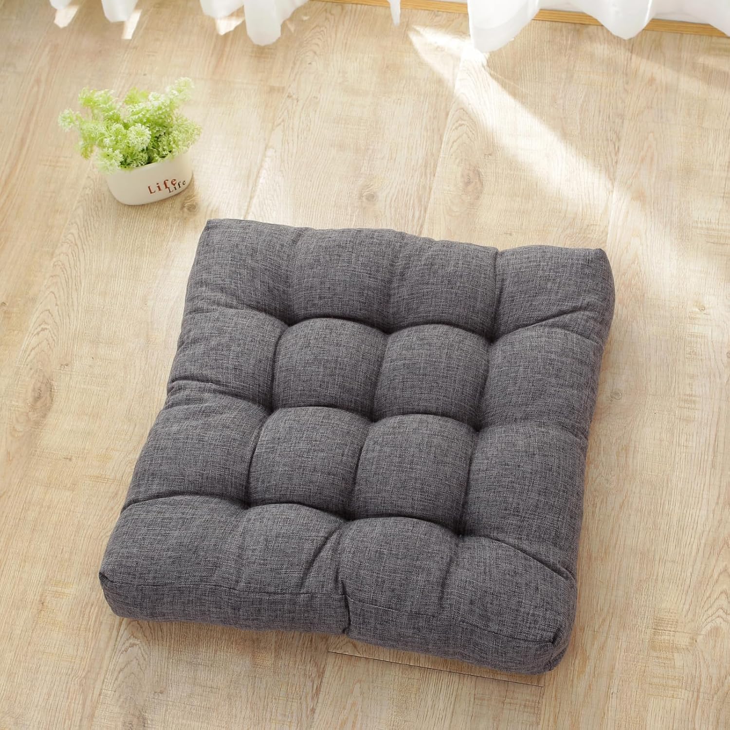 18x18x4 Inch Tufted Seat Cushion Cotton Linen Seat Cushions Non-Slip Chair Pad for Dining Room Kitchen Office Chairs (Dark Grey,18"x18")