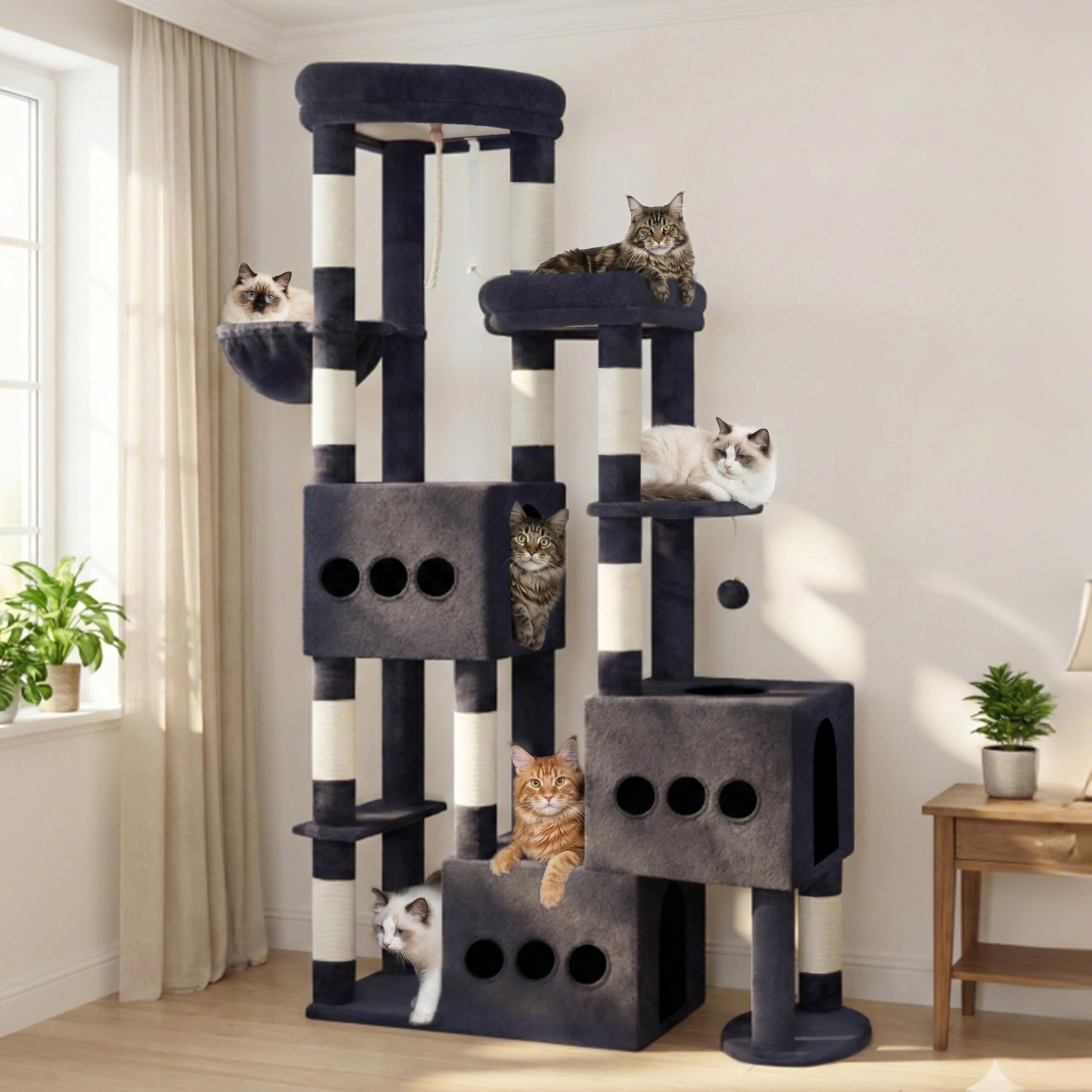 Gitelsnour Rascador para Gatos de 182 cm, Árbol rascador para Varios Gatos antivuelco y Estable con 3 Cuevas Grandes, con 3 Plataformas, Cesta Colgante y 10 Postes rascadores, Gris Ahumado GCT036G