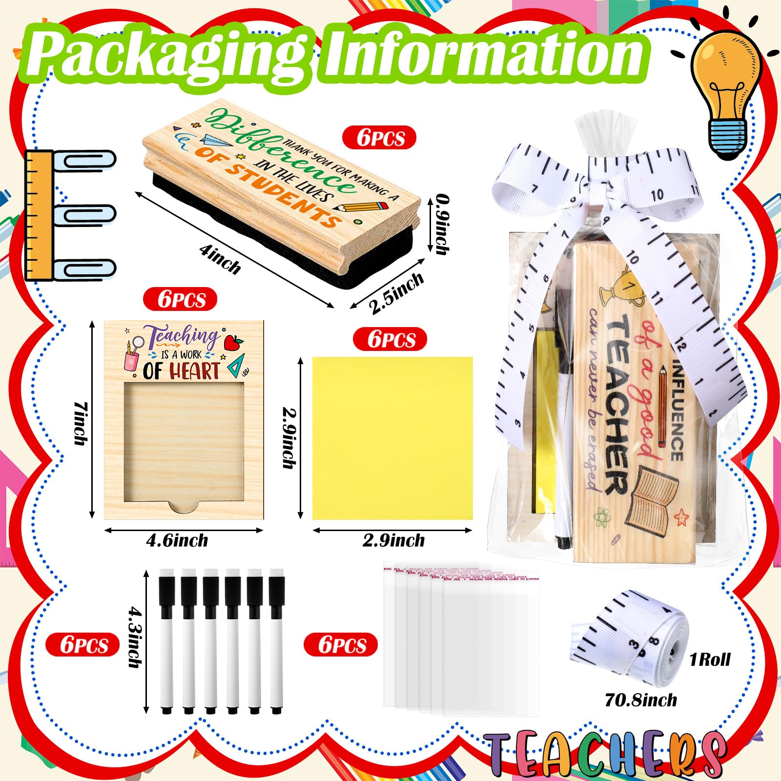 Kosiz 6er Geschenk-Set von Lehrer zu schätzen wissen, inkl. 6 Danksagungskartonträger, 6 Blatt selbstklebend, 6 Holznotizenhalter für Lehrer