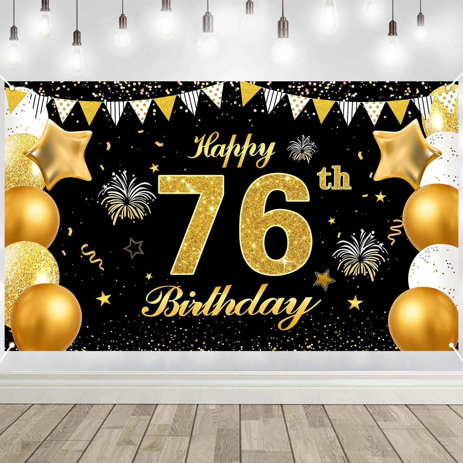 76th Birthday Decorations Banner Gold Black Happy Birthday Door Banner for Party Photo Backdrop for Men Women Home Outdoor Cover Party Decoration Supplies Poster