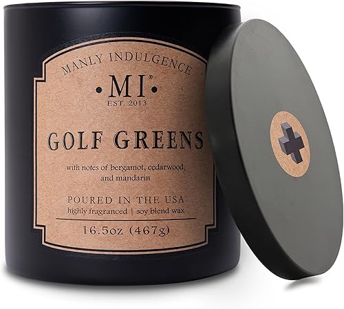 Manly Indulgence Golf Greens - Vela perfumada para hombres, 16.5 onzas, musgo de roble, vetiver y almizcle, 2 mechas y 2 fragancias intensas, hasta