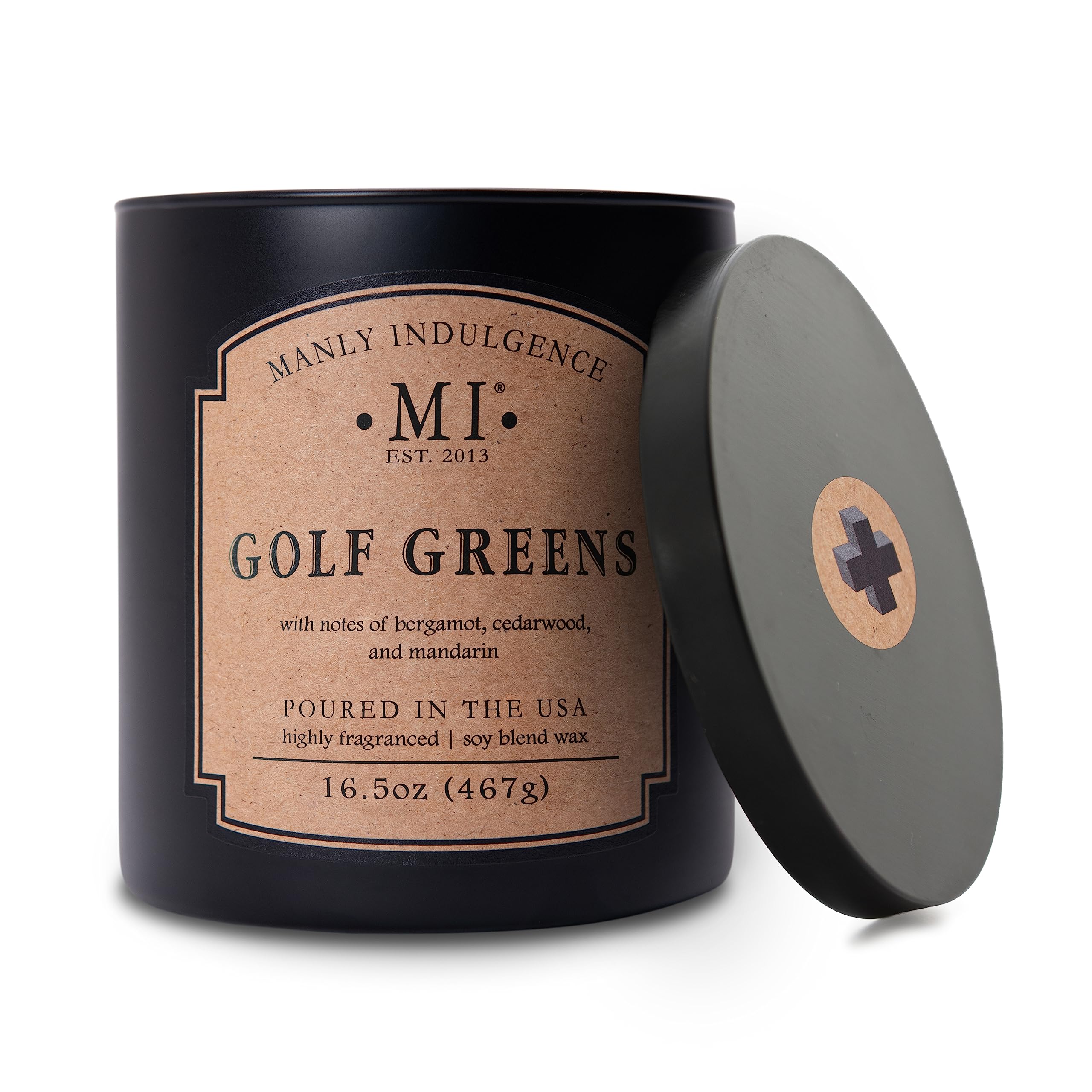 Manly Indulgence Golf Greens Scented Jar Candle, 2 Cotton Wicks, Premium Soy Blend White Wax, 60 hr Burn, Matte Black Jar Candle for Home and Men, 16.5 oz - USA Poured