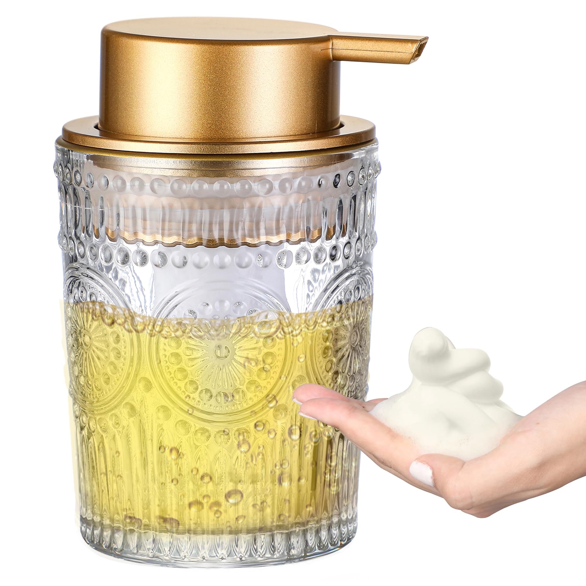 MKLZ 8 Oz Glass Foam Soap Dispenser, Clear Hand Liquid Bottles with Gold Plastic Pump, Refillable Round Foaming Lotion Dispensing for Kitchen Sink & Bathroom Counter
