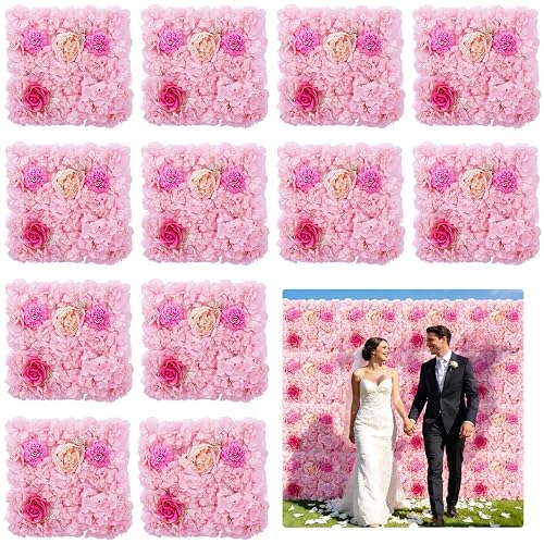 Zythrem 12-Pack Flower Wall Backdrop Rose Pink Backdrop 15×15 Inch Silk | Artificial Flower Panels 3D Pink Flower Wall for Wedding Birthday Party Home Event Photography Background