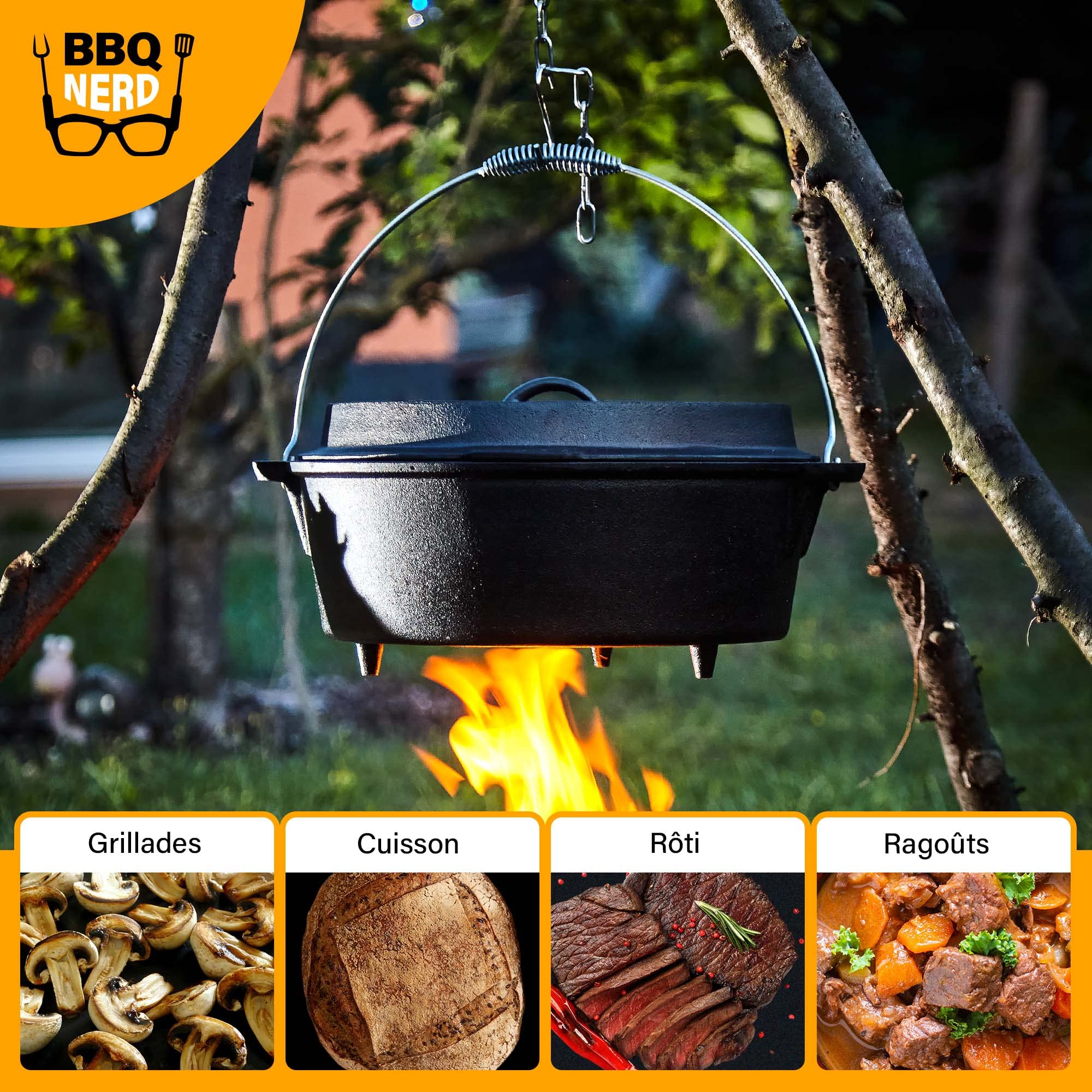 Marmite en fonte Dutch Oven BBQ-Nerd 3,1 l avec pieds déjà brûlé Preseasoned pour camping