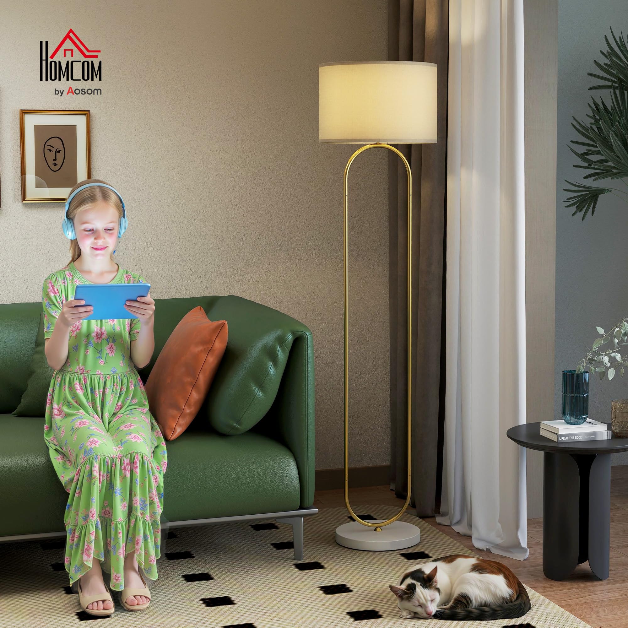 HOMCOM Lampada da Terra Moderna con Doppio Tubo Metallico Base Grande Oro | Lampada a Piantana, Paralume in Tessuto, Interruttore a Pedale, Base di Appoggio, per Salotto e Camera da Letto